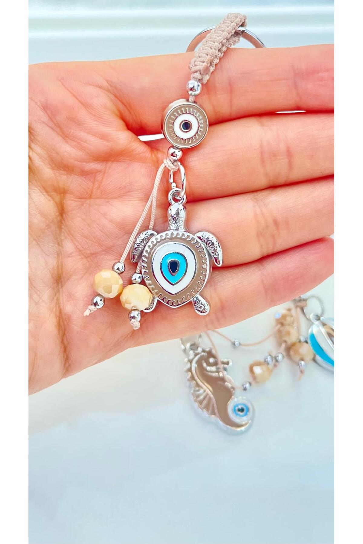Abigail Silver-Plated Evil Eye Keychain - Beige Turtle