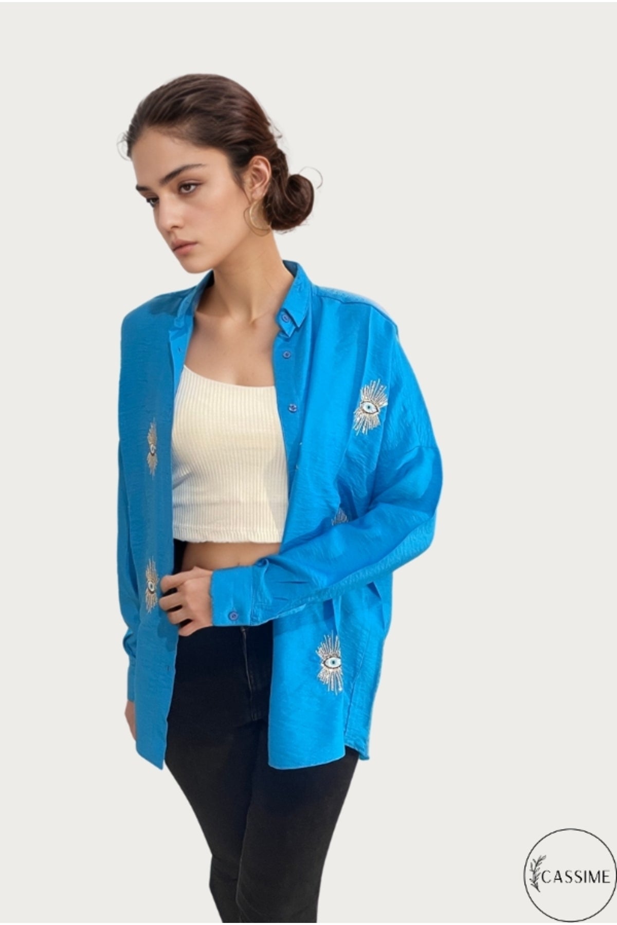 Delilah Women's Cotton Oversized Embellished Long Sleeve Shirt - Turquoise