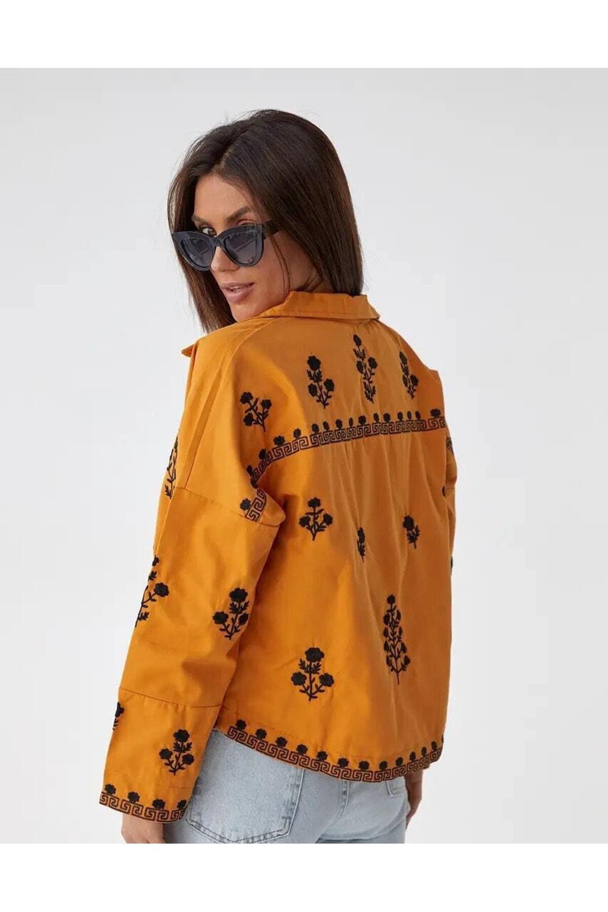 Louise Women's Embroidered Button-Up Jacket - Orange