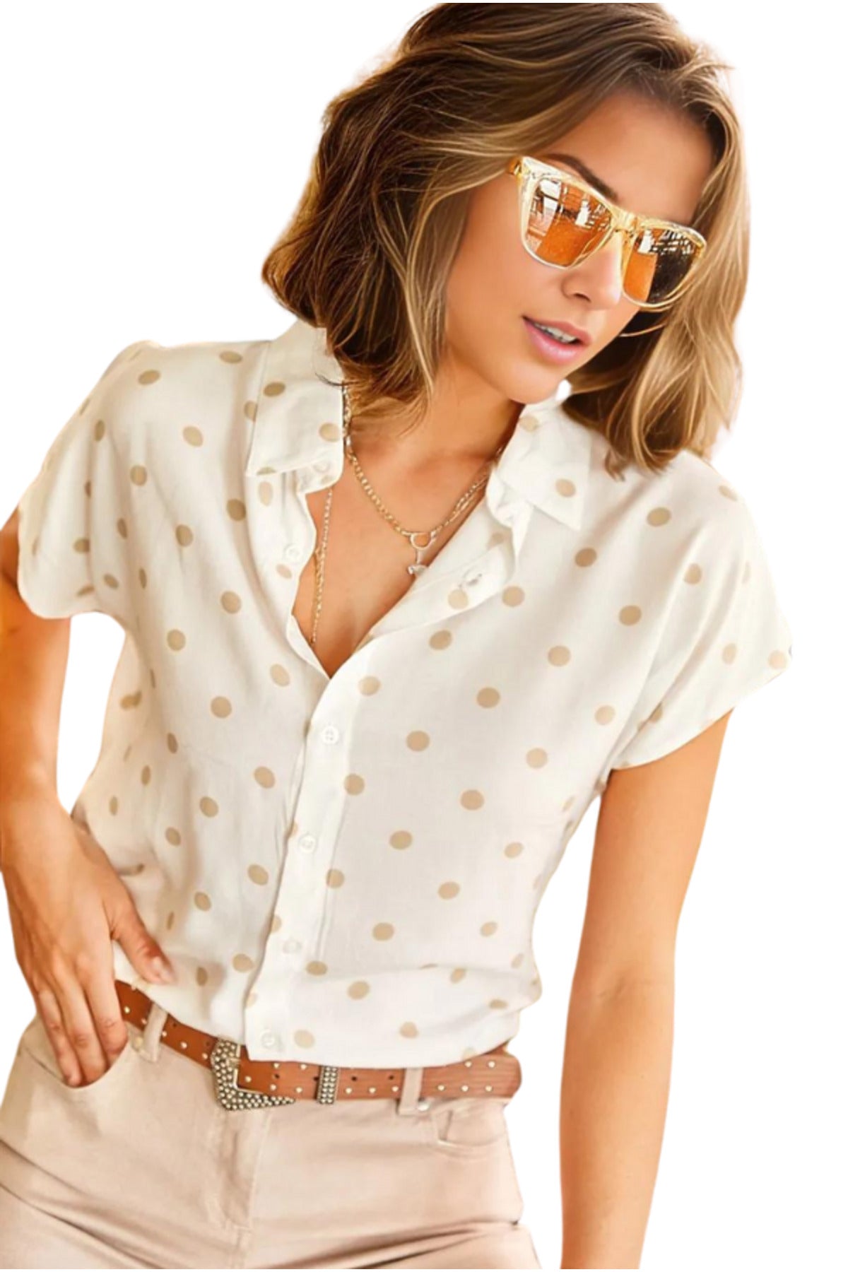 Charlotte Women's Short Sleeve Batwing Shirt - Cream Polka Dot