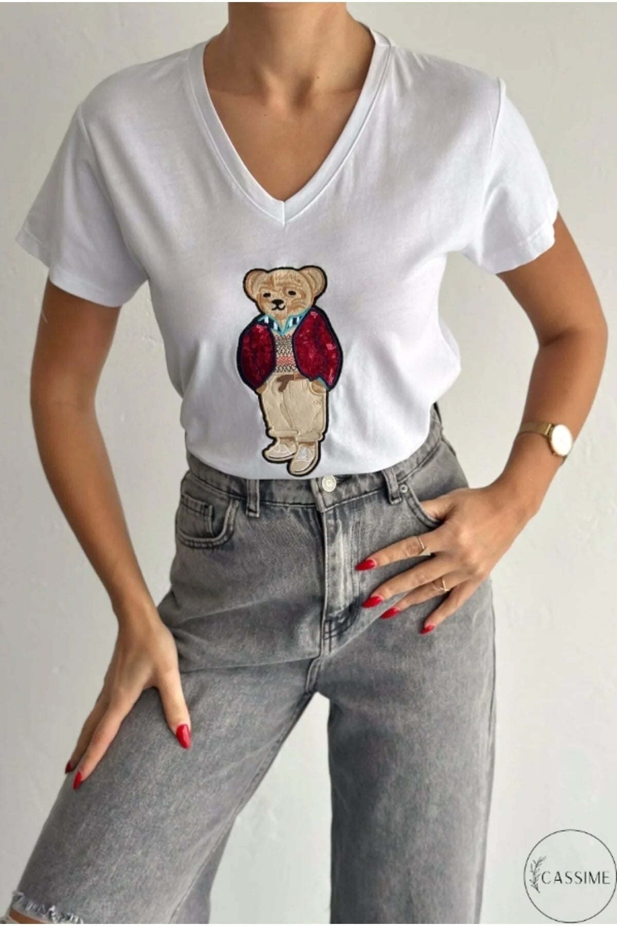 Tilda White Cute Bear Design Cotton T-Shirt