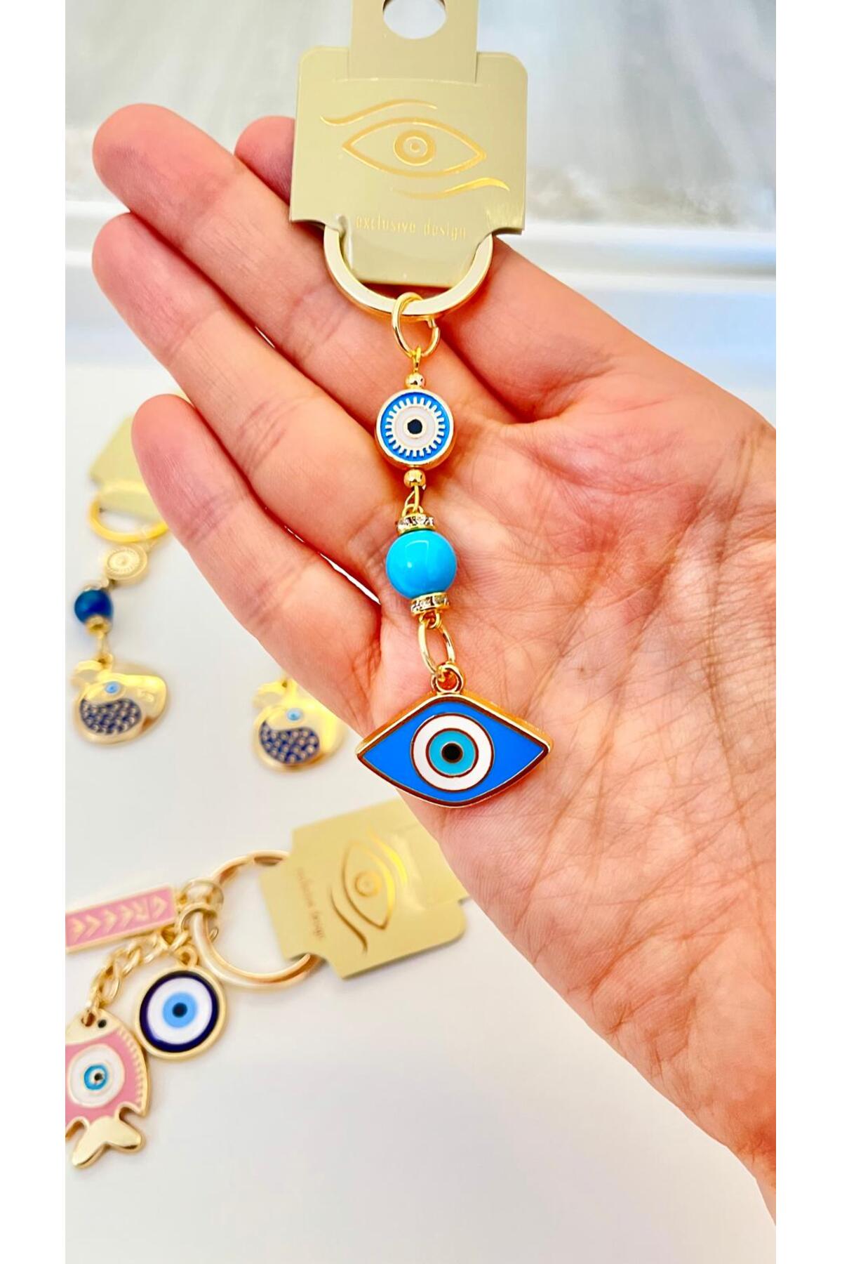 Hannah Gold-Plated Bodrum Bead Keychain - Blue Oval Evil Eye