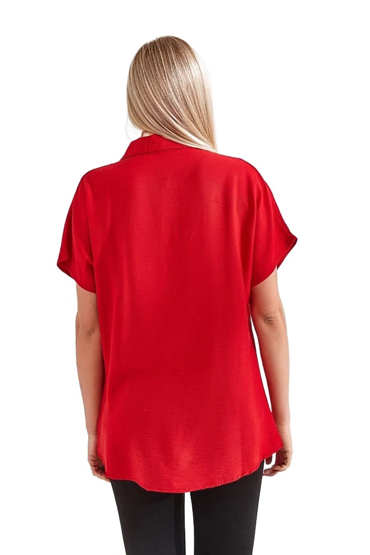 Jocelyn Women's Linen-Viscose Blend Oversized Short Sleeve Batwing Shirt - Red
