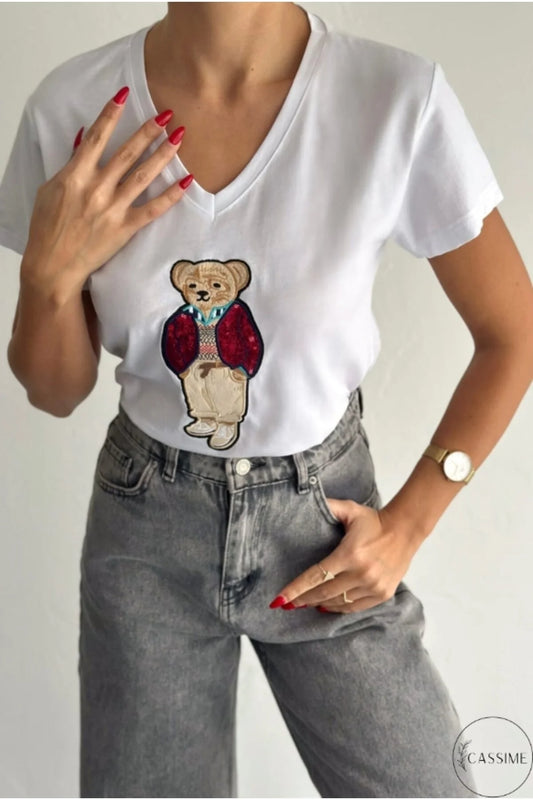Tilda White Cute Bear Design Cotton T-Shirt