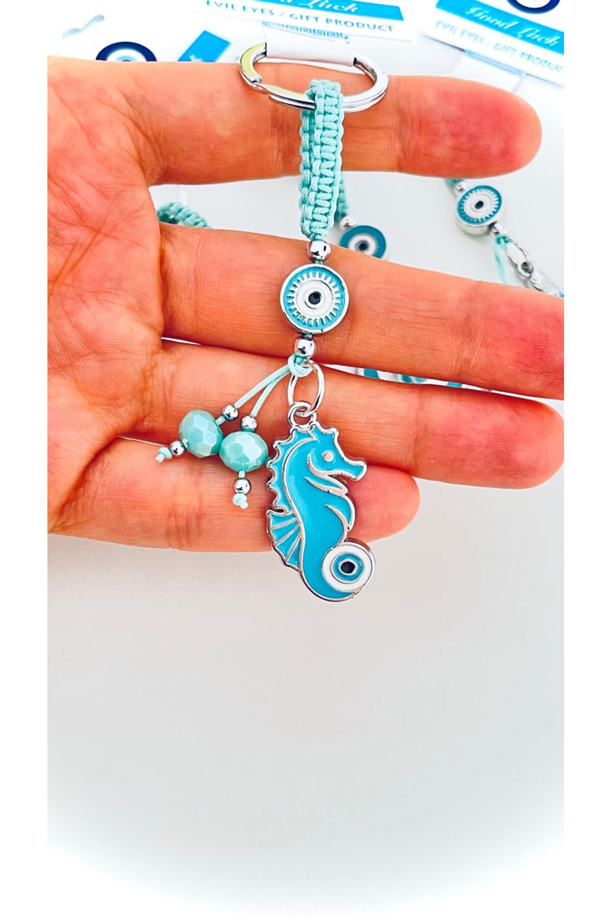 Abigail Silver-Plated Evil Eye Keychain - Turquoise Seahorse
