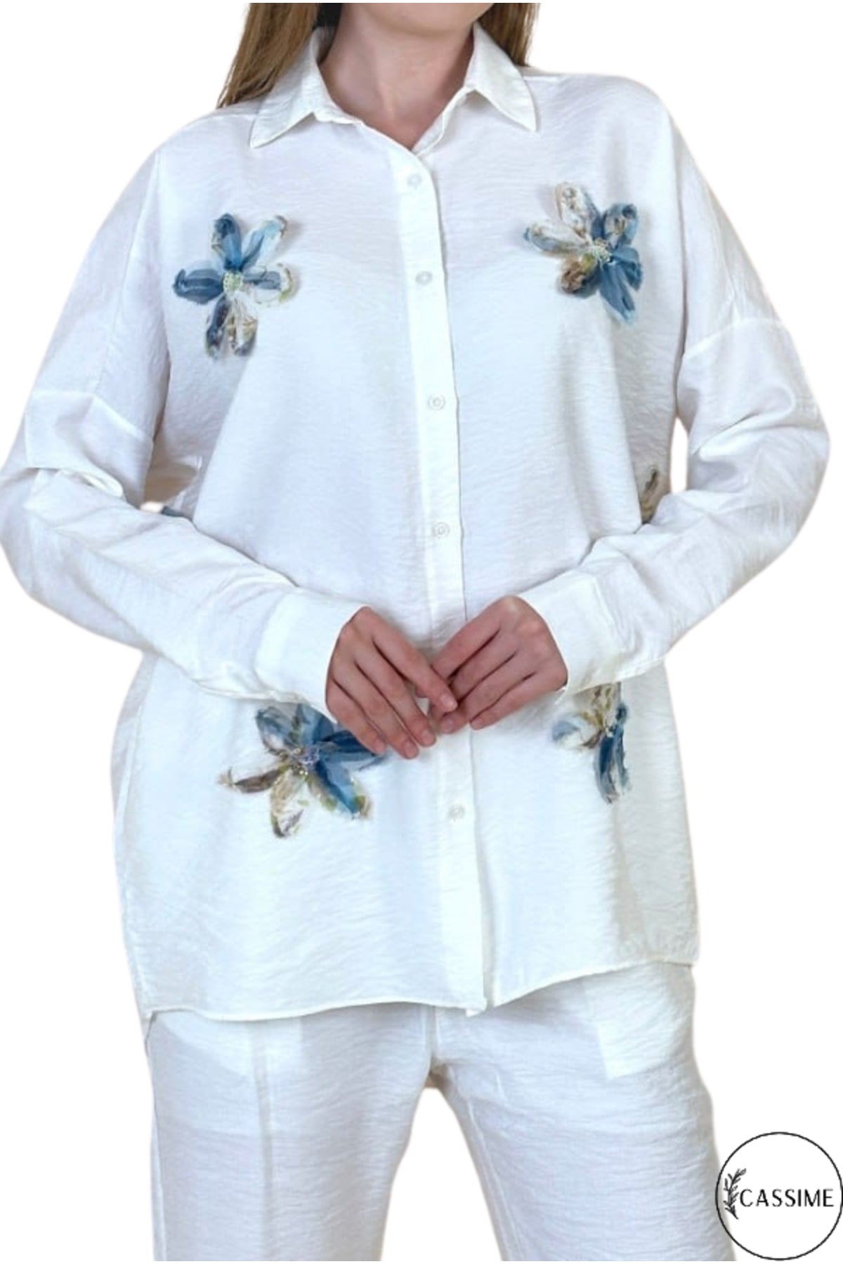 Delilah Women's Cotton Oversized Embellished Long Sleeve Shirt - White with Blue Tulle Embroidery
