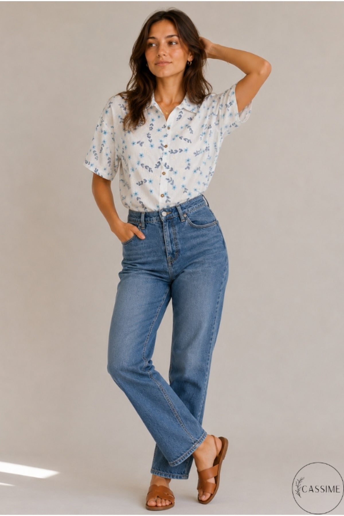 Alice Women's Floral Short Sleeve Shirt - Blue Ditsy Floral Embroidery