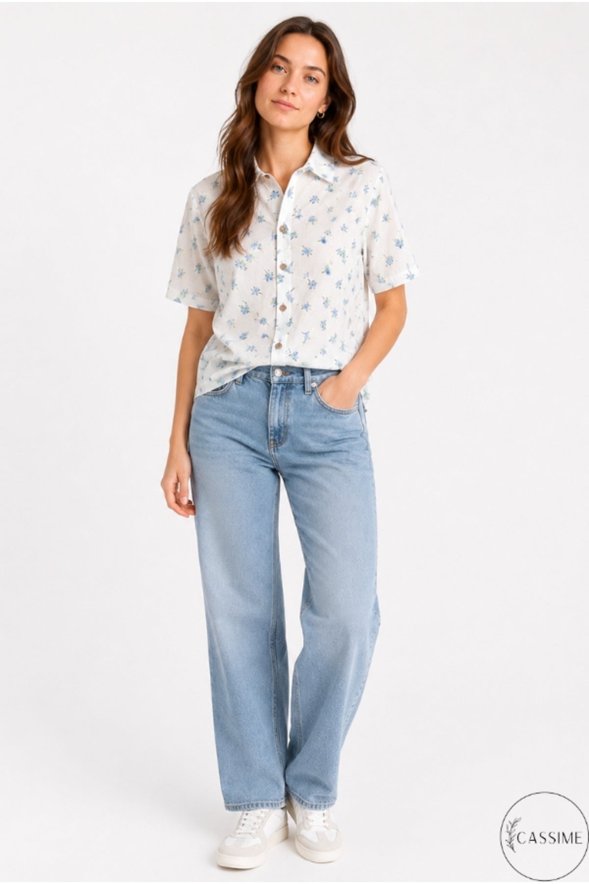 Alice Women's Cotton Floral Short Sleeve Shirt - Ecru with Blue Ditsy Flowers
