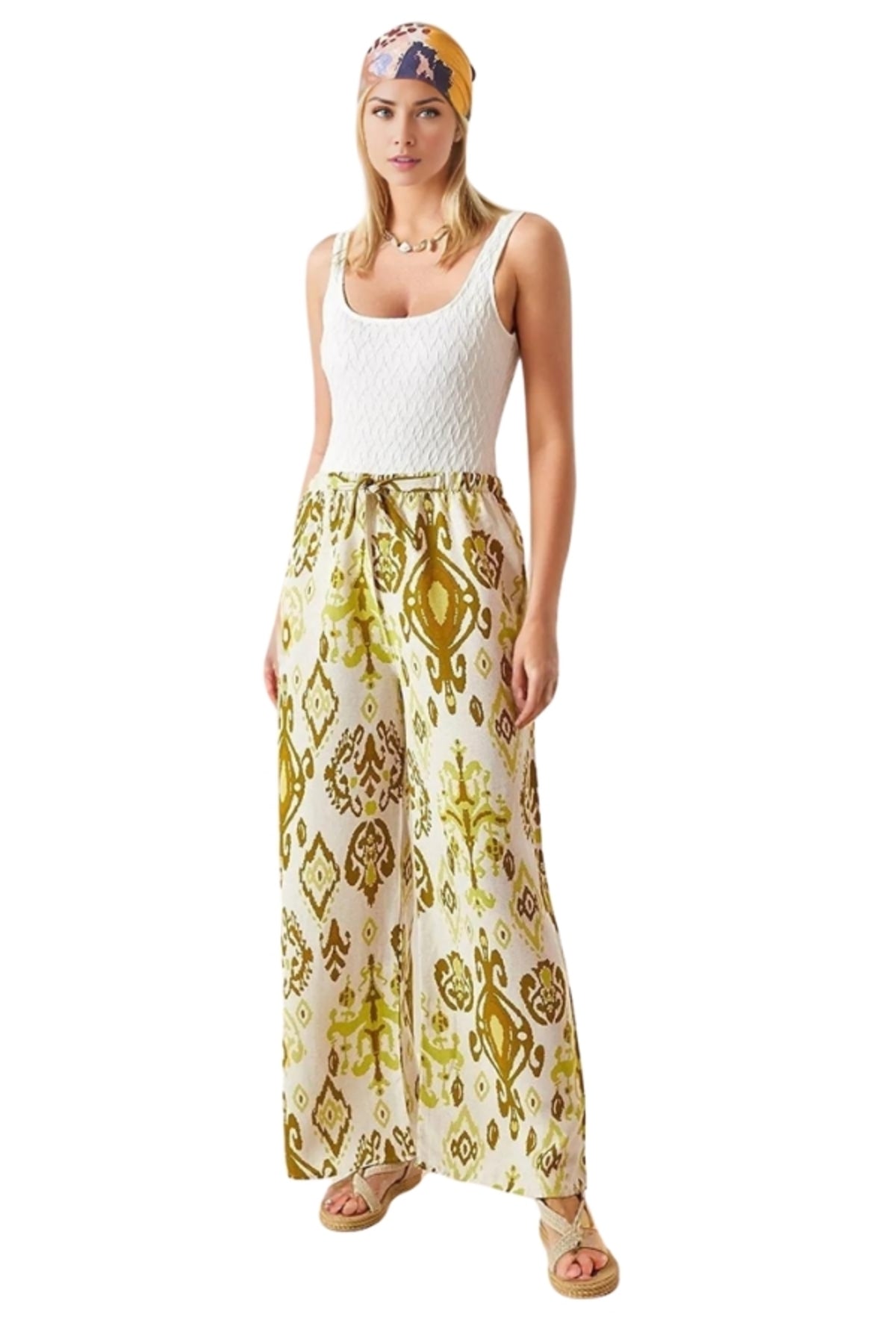 Lucy Women's Linen-Viscose Blend Wide Leg Palazzo Pants - Yellow Boho Print