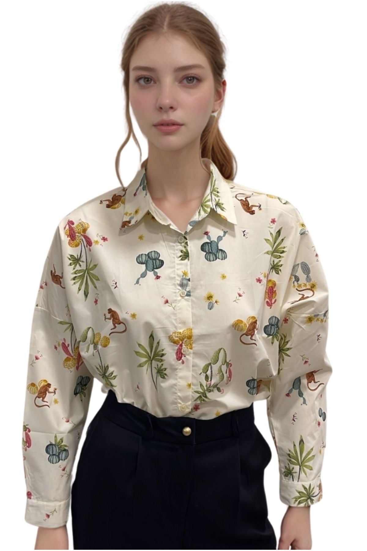 Jane Women's Viscose Monkey and Floral Print Shirt - Cream Monkey Print
