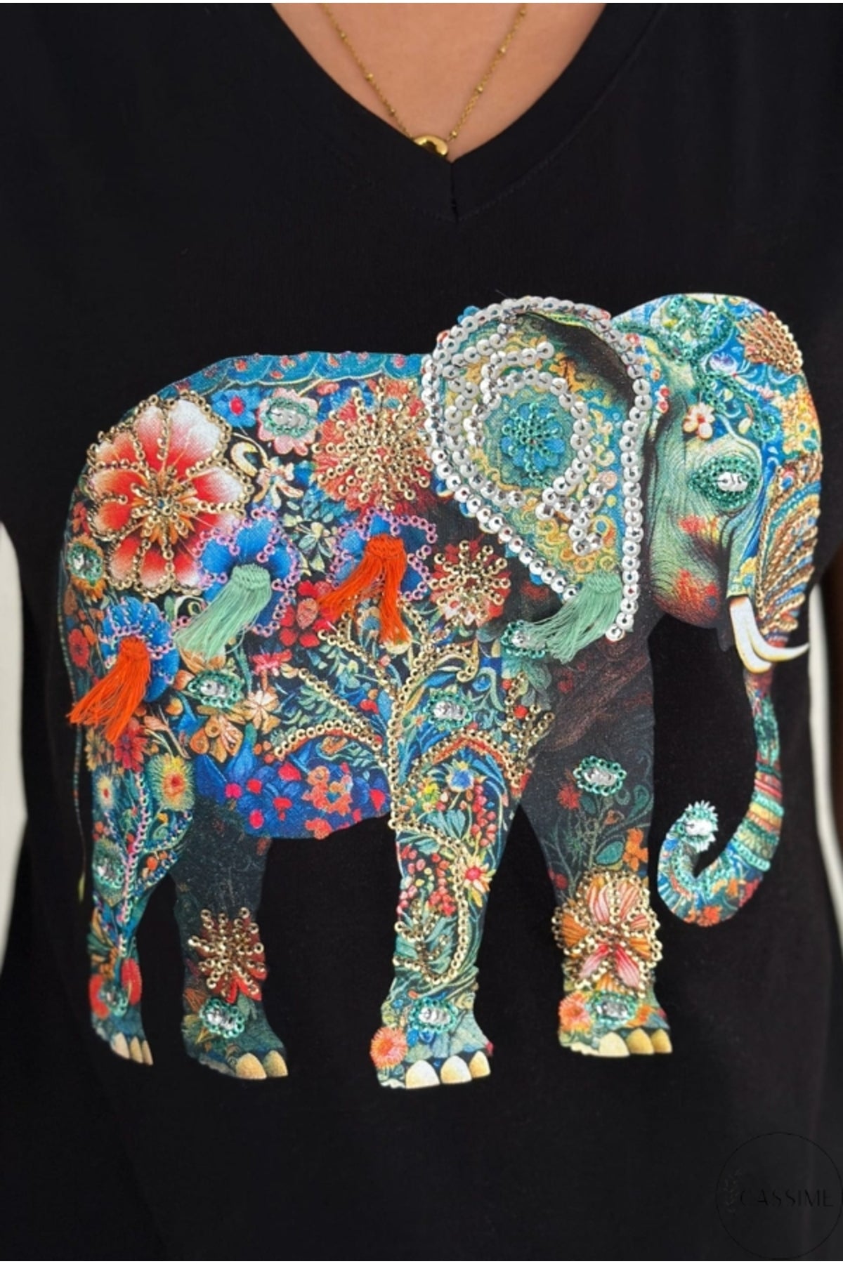 Olivia Women's Cotton Plus Size Embellished V-Neck T-Shirt - Black with Multicolor Elephant Sequins