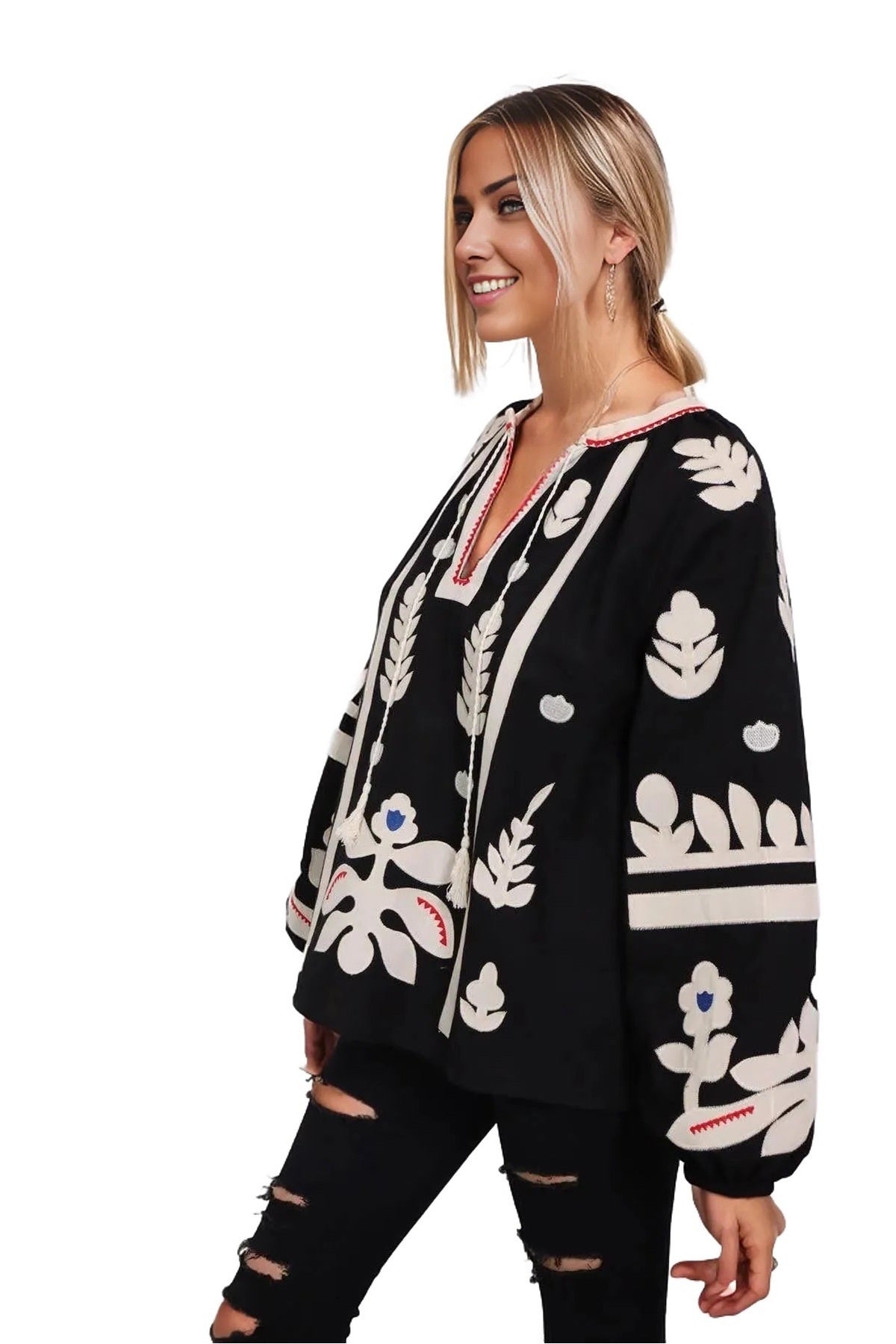Paige Women's Cotton Embroidered Long Sleeve Woven Blouse - White with Black Embroidery