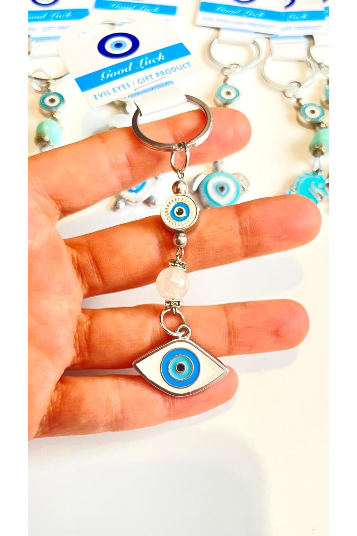 Abigail Silver-Plated Evil Eye Keychain - White Oval Evil Eye Metal