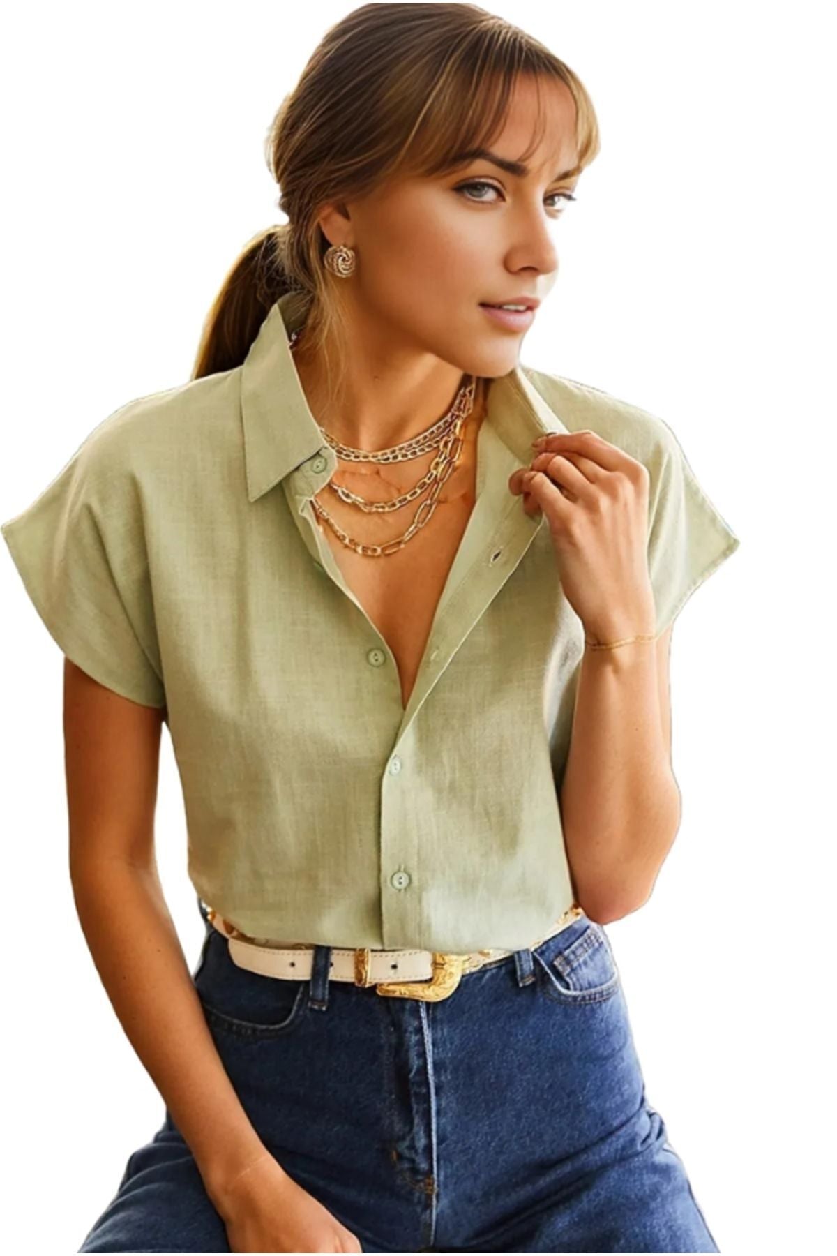 Elizabeth Women's Linen-Viscose Blend Short Sleeve Batwing Shirt - Light Green