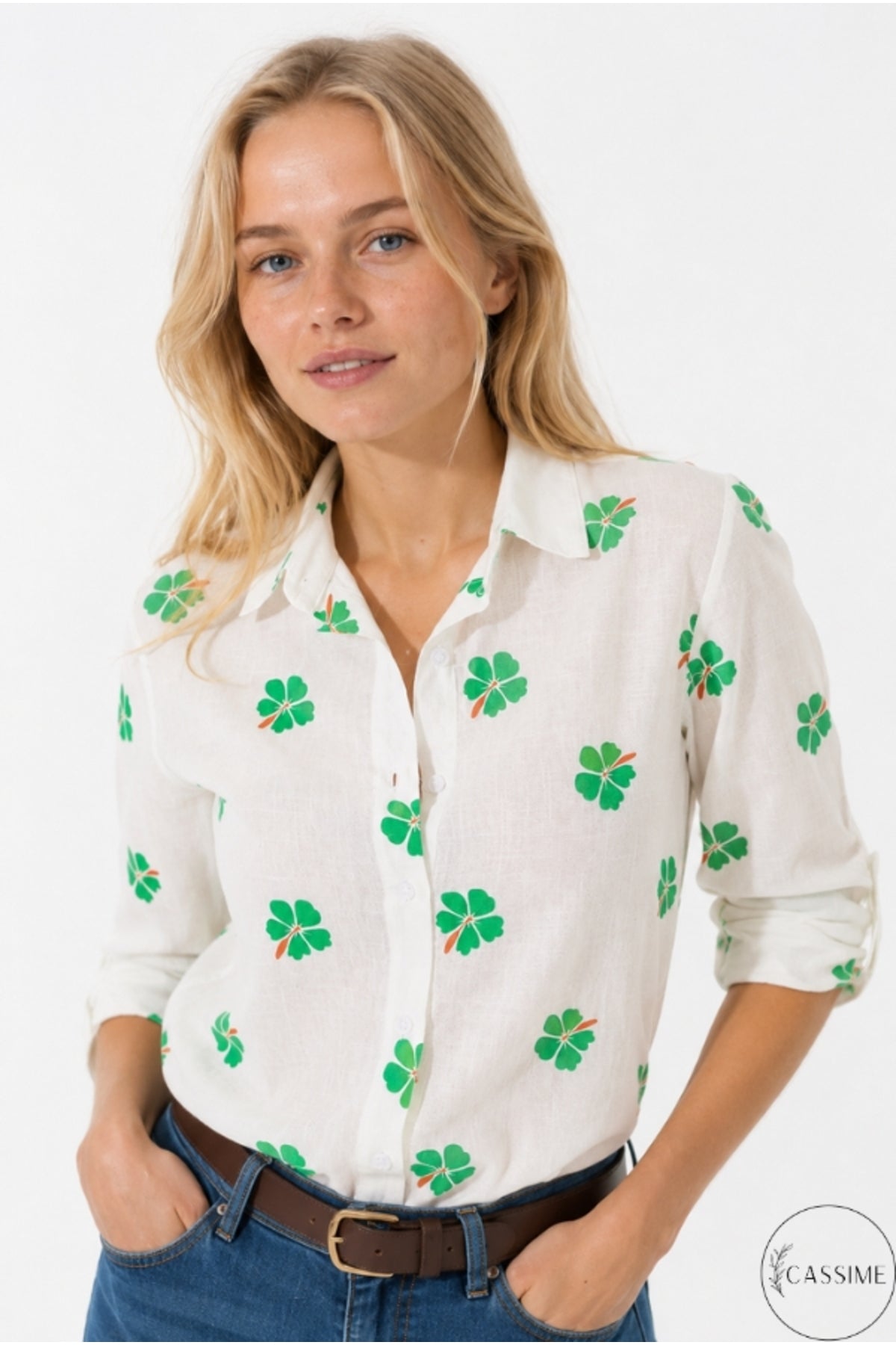 Robyn Women's Linen Blend Roll-Sleeve Button-Up Shirt - White with Green Clover Print