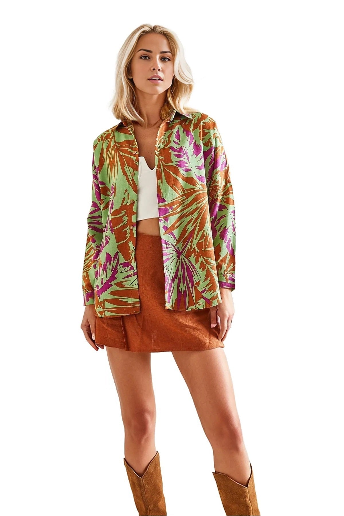 Emilia Women's Linen-Viscose Blend Oversized Printed Shirt - Green and Fuchsia Print