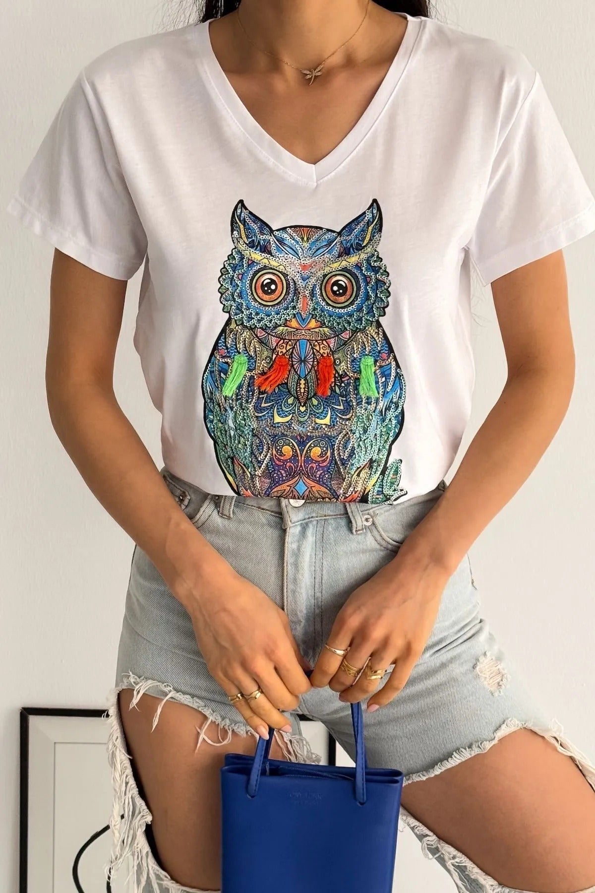 Tilda White Owl Floral Design Cotton T-shirt