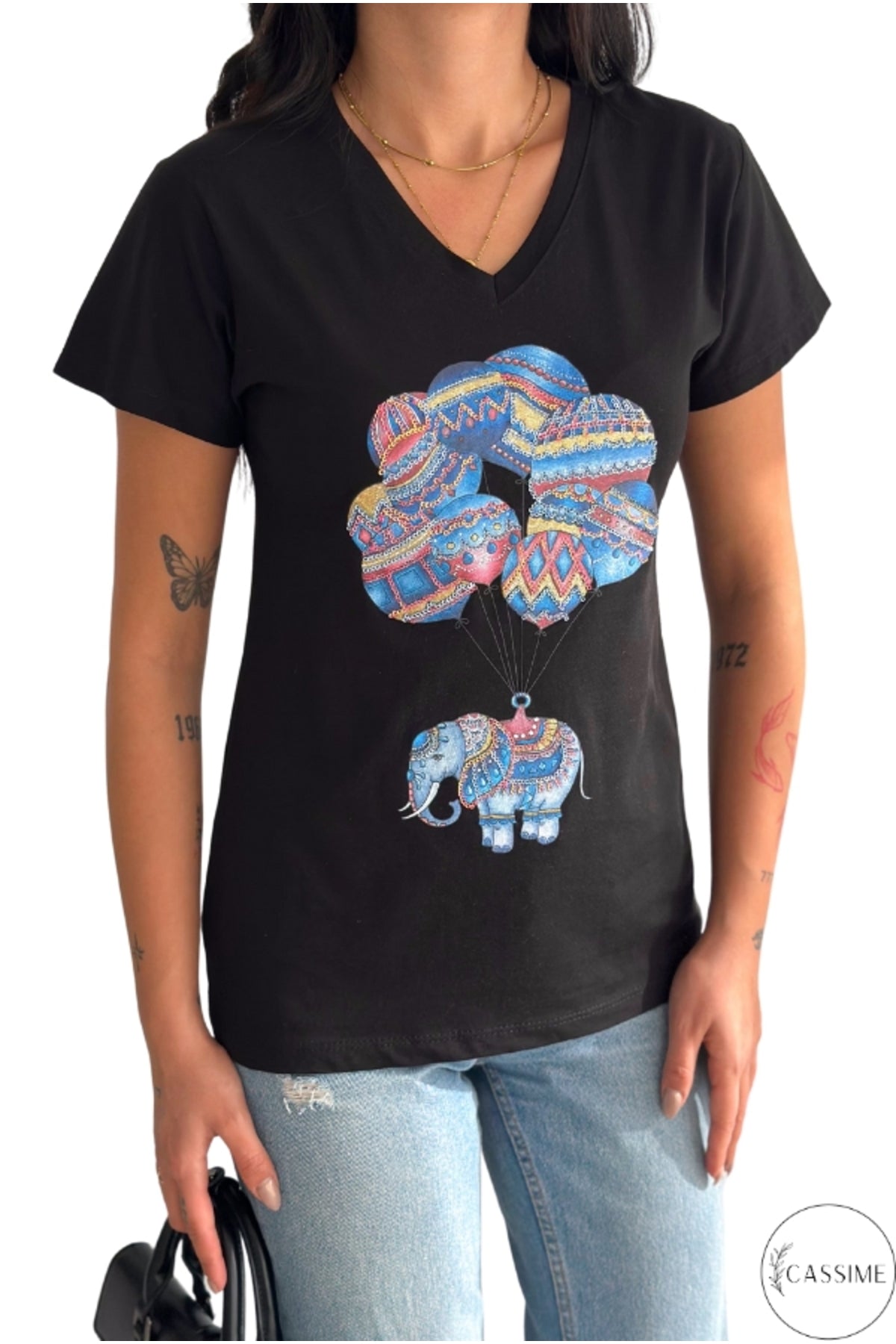 Olivia Women's Cotton Plus Size Embellished V-Neck T-Shirt - Black with Balloon Elephant Sequins