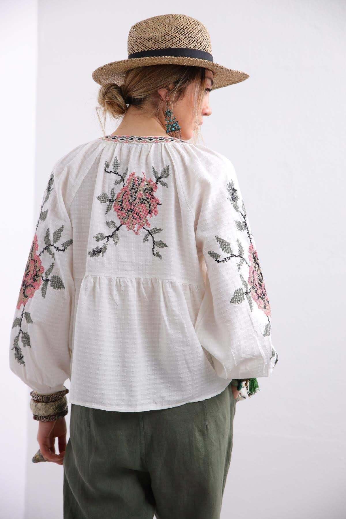 Lilian Women's Rose Embroidered Tie Blouse - Ecru