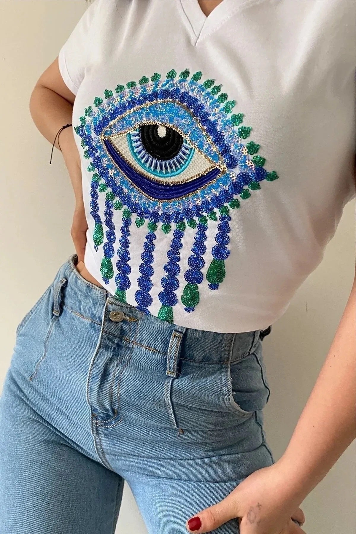 Olivia Women's Cotton Plus Size Embellished V-Neck T-Shirt - White with Blue Evil Eye Sequins