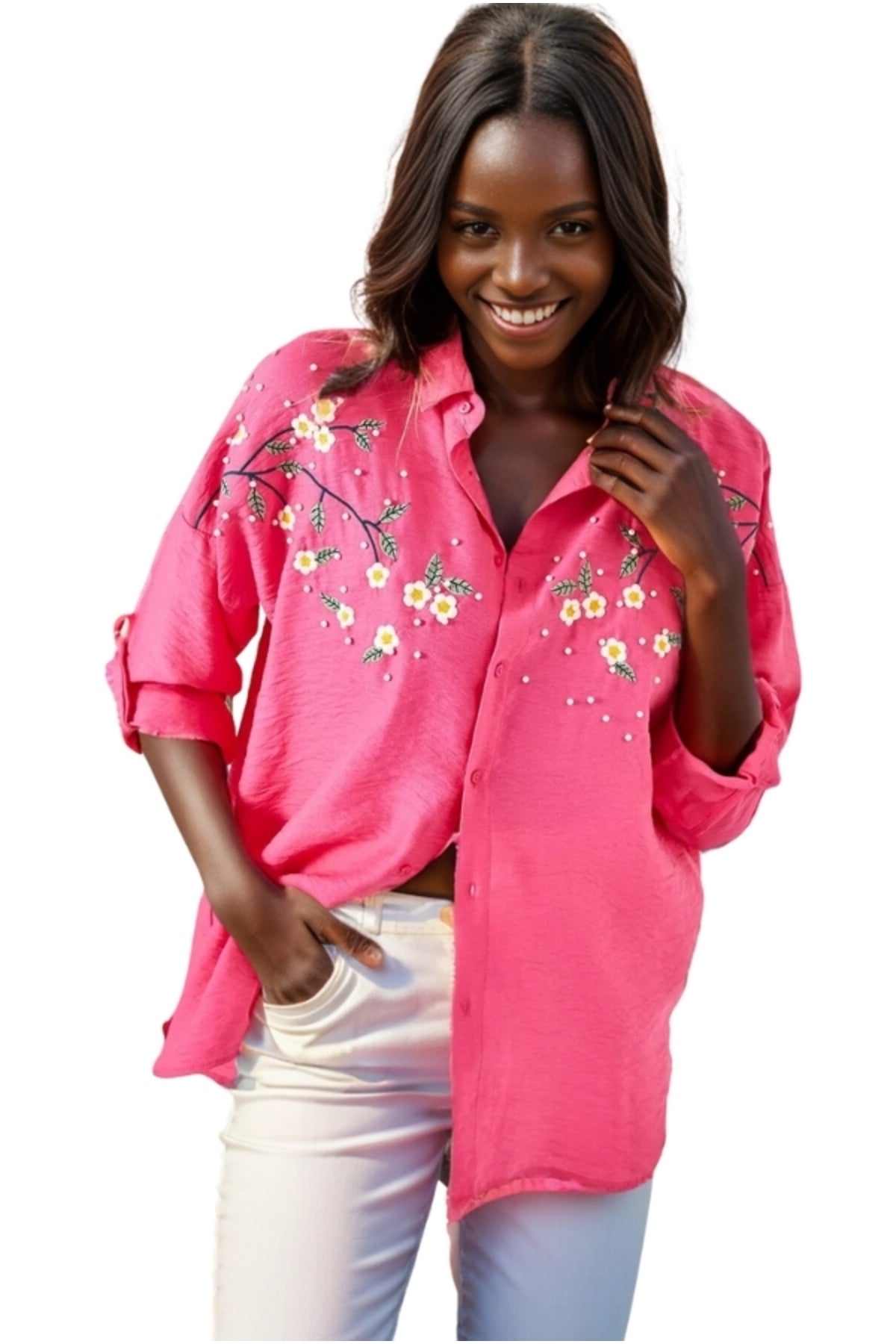Nell Women's Daisy Embroidered Oversized Shirt - Fuchsia