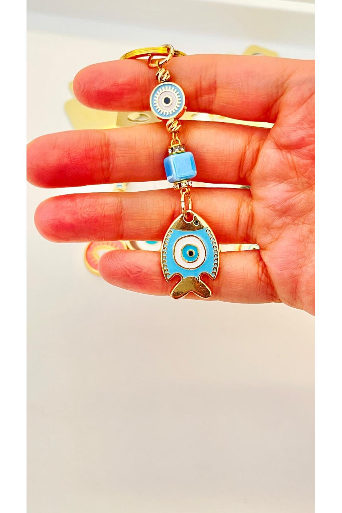 Hannah Gold-Plated Bodrum Bead Keychain - Blue Fish