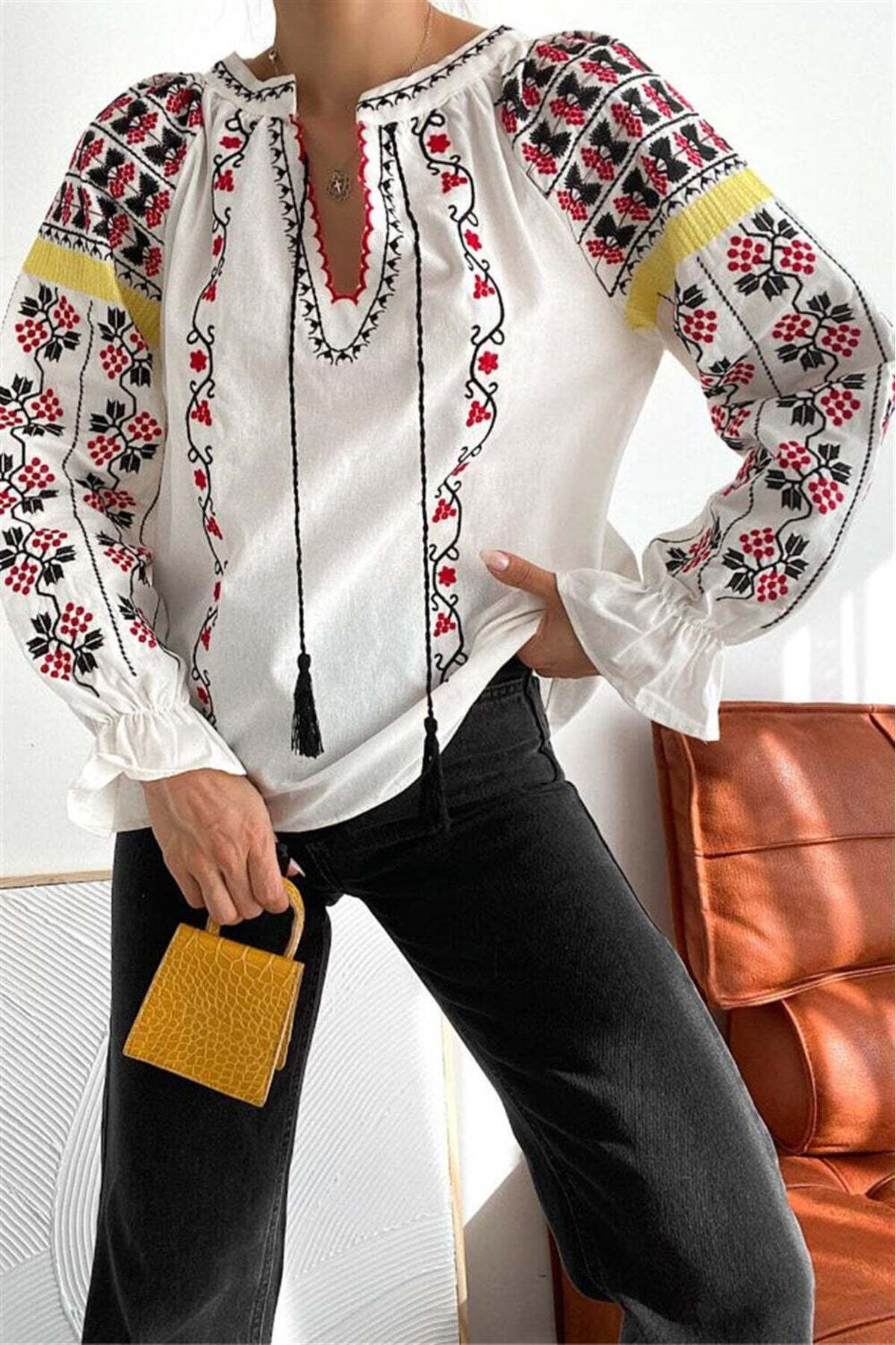 Danielle Women's Boho Embroidered Tassel Blouse - White