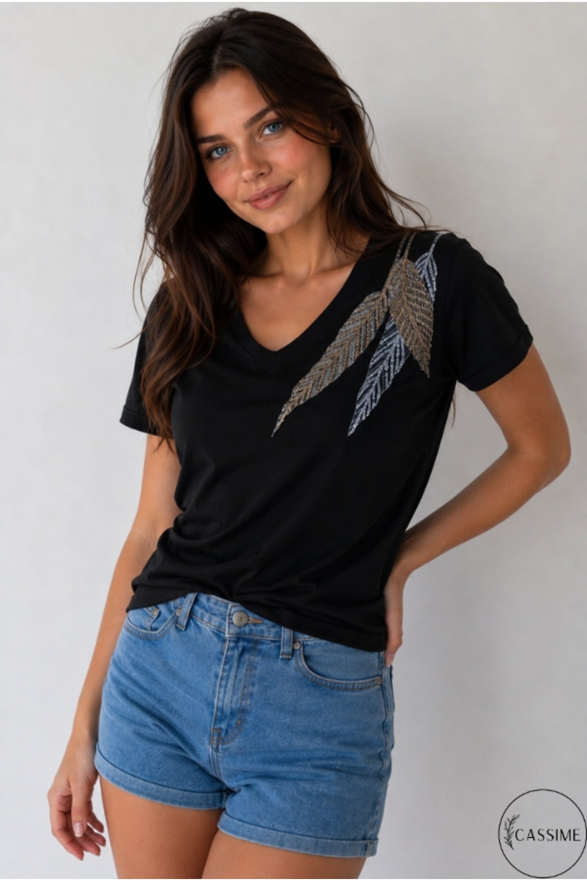 Olivia Women's Cotton Plus Size Embellished V-Neck T-Shirt - Black and Blue Feather Print