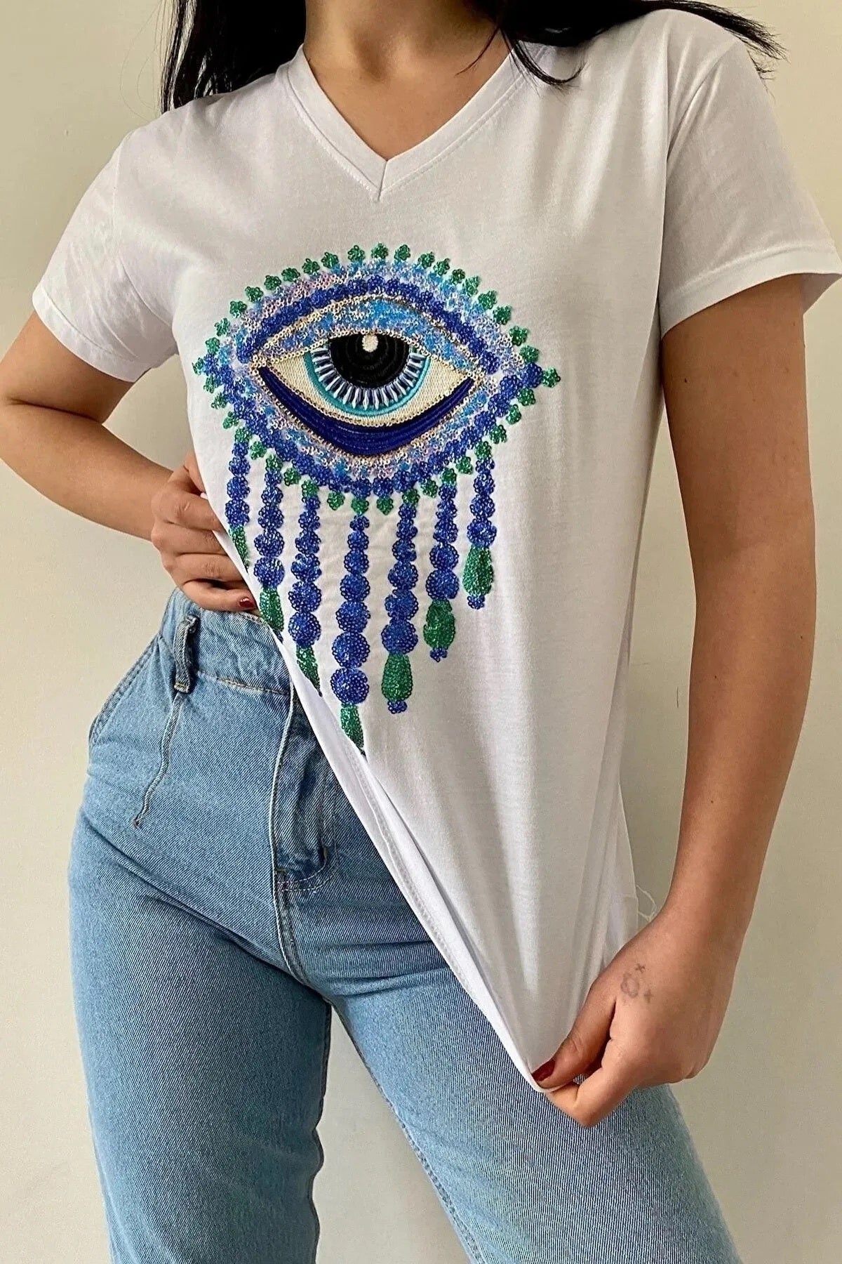 Olivia Women's Cotton Plus Size Embellished V-Neck T-Shirt - White with Blue Evil Eye Sequins
