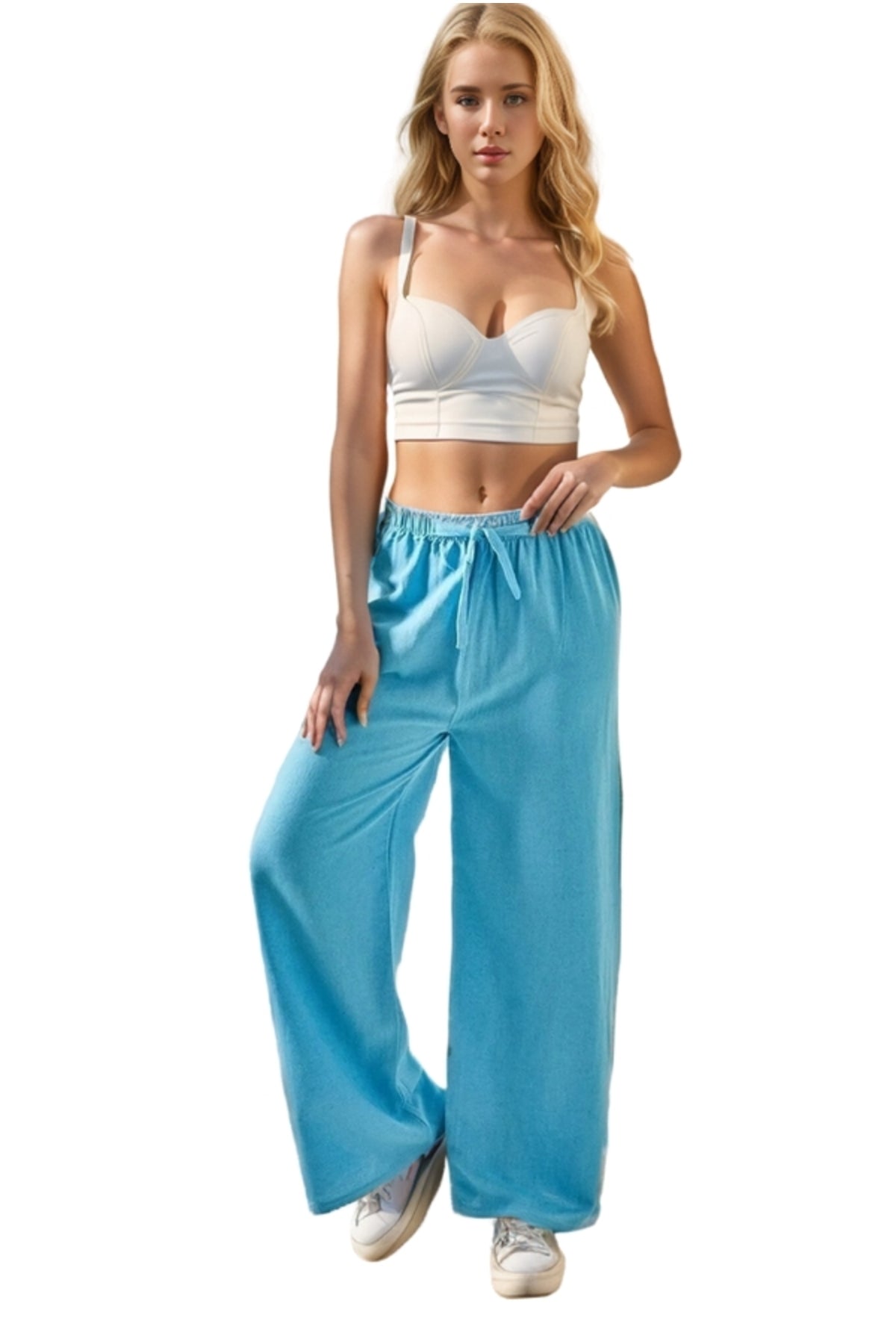 Lucy Women's Linen Blend Wide Leg Palazzo Pants - Turquoise