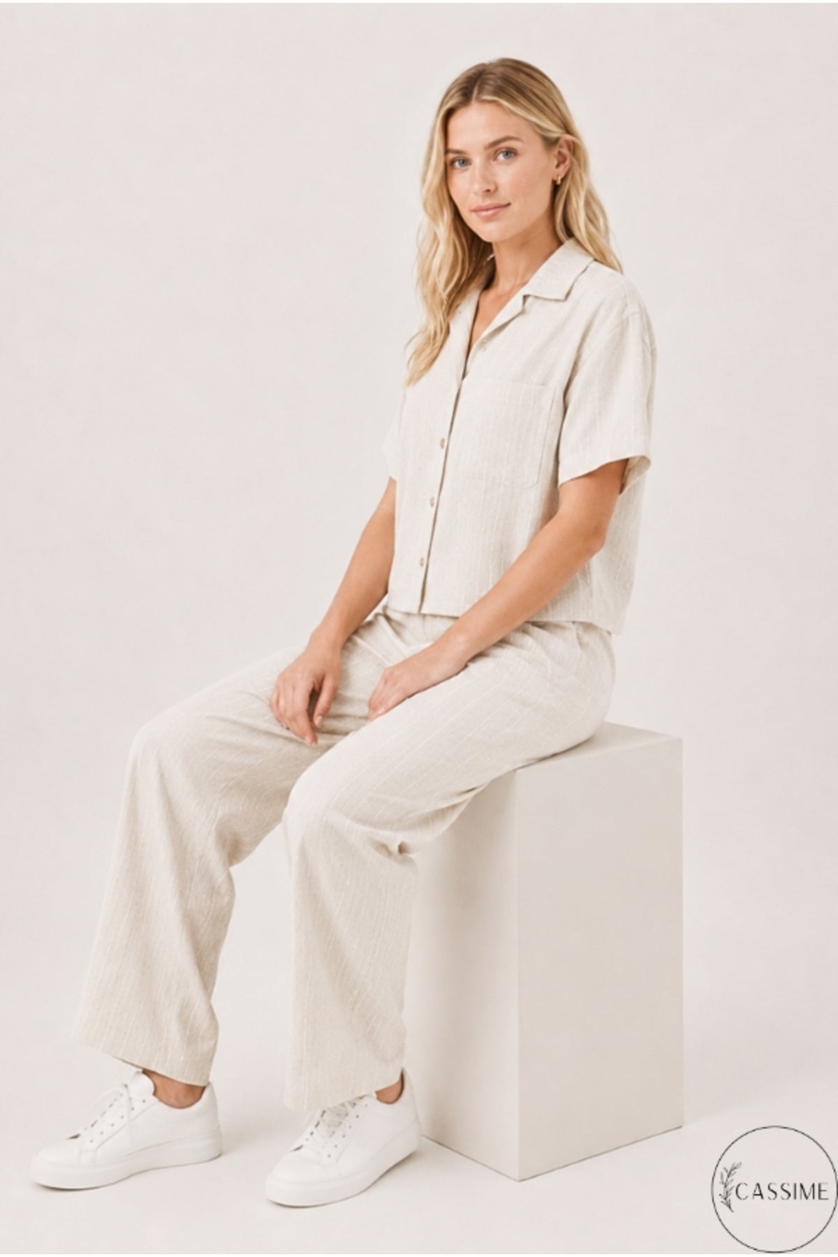 Daphne Women's Striped Shirt and Pants Set - Cream