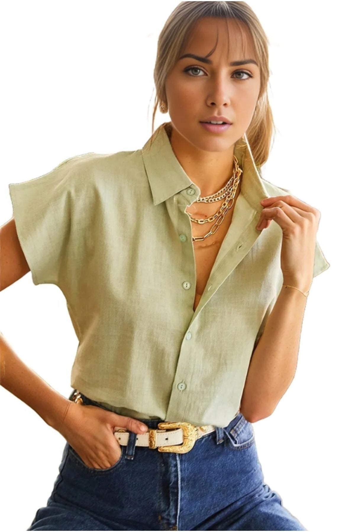 Elizabeth Women's Linen-Viscose Blend Short Sleeve Batwing Shirt - Light Green