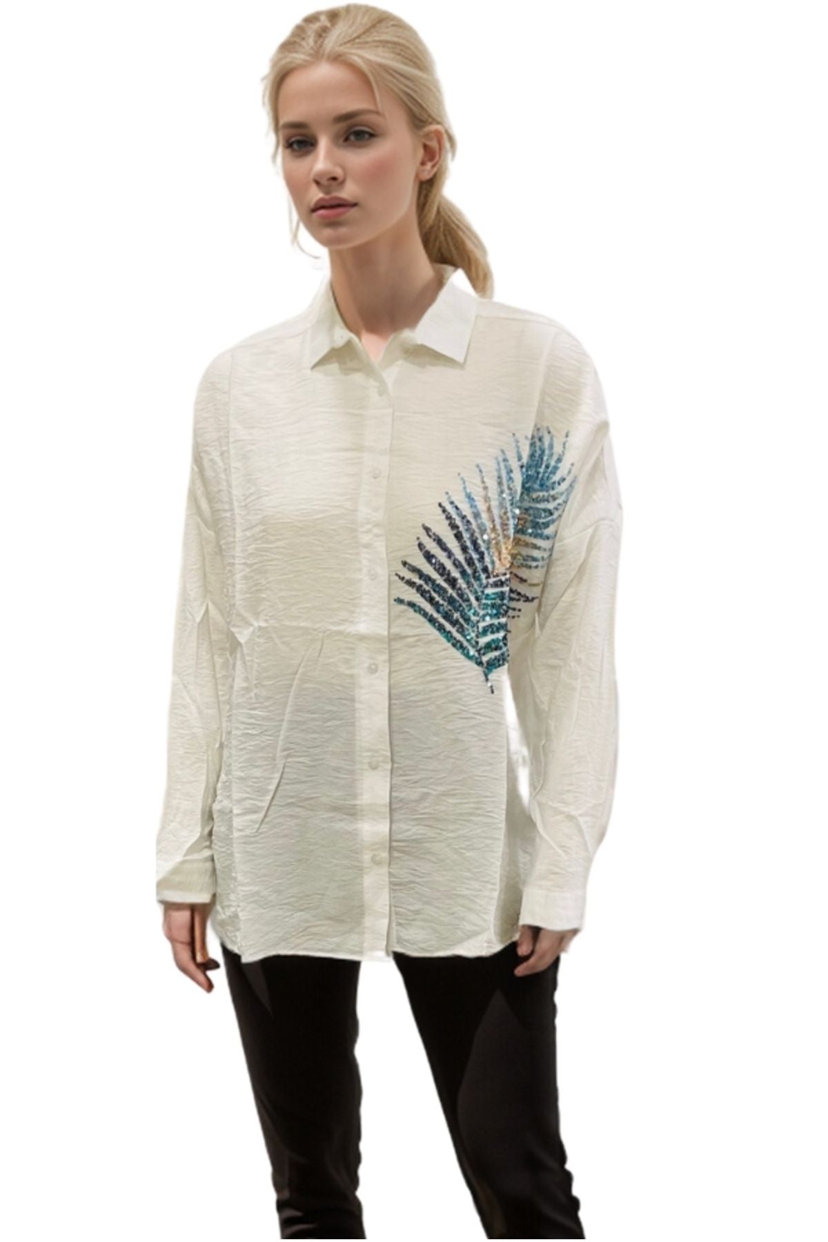 Delilah Women's Linen Oversized Embellished Long Sleeve Shirt - Ecru Leaf