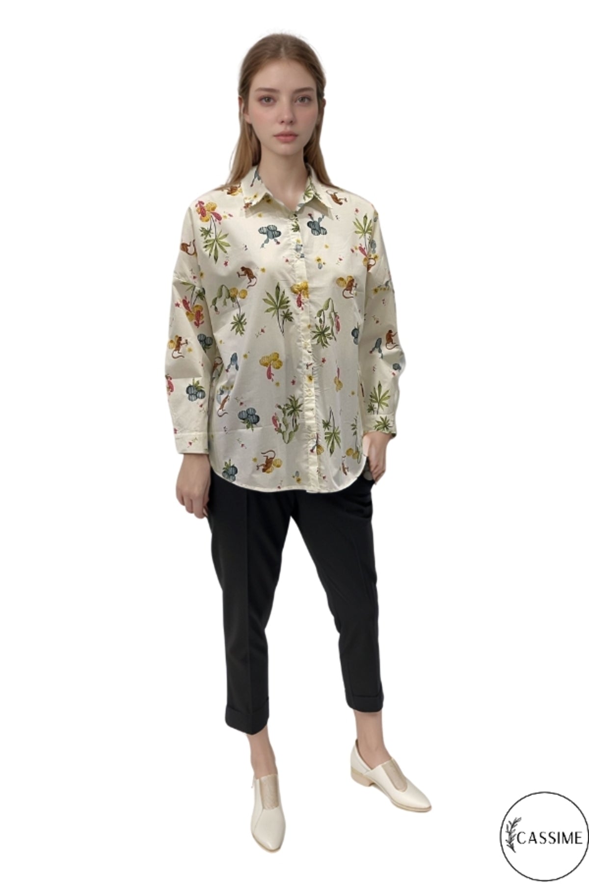 Jane Women's Viscose Monkey and Floral Print Shirt - Cream Monkey Print