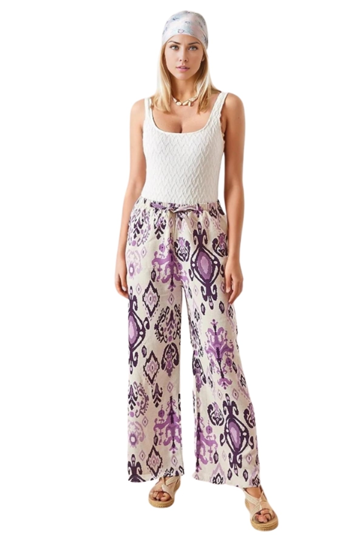 Lucy Women's Linen-Viscose Blend Wide Leg Palazzo Pants - Boho Purple Print