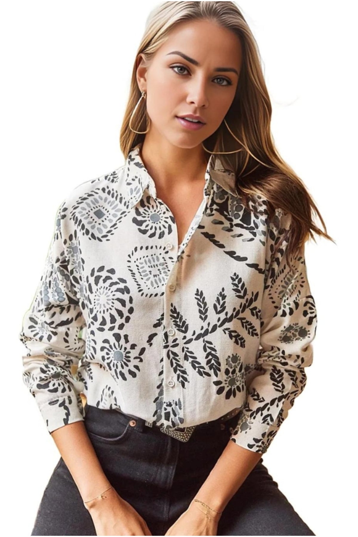 Emilia Women's Linen-Viscose Blend Oversized Printed Shirt - Black and Ecru Geometric Print