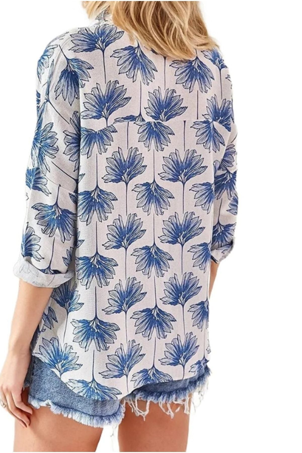 Emilia Women's Linen-Viscose Blend Oversized Printed Shirt - Blue Ginkgo