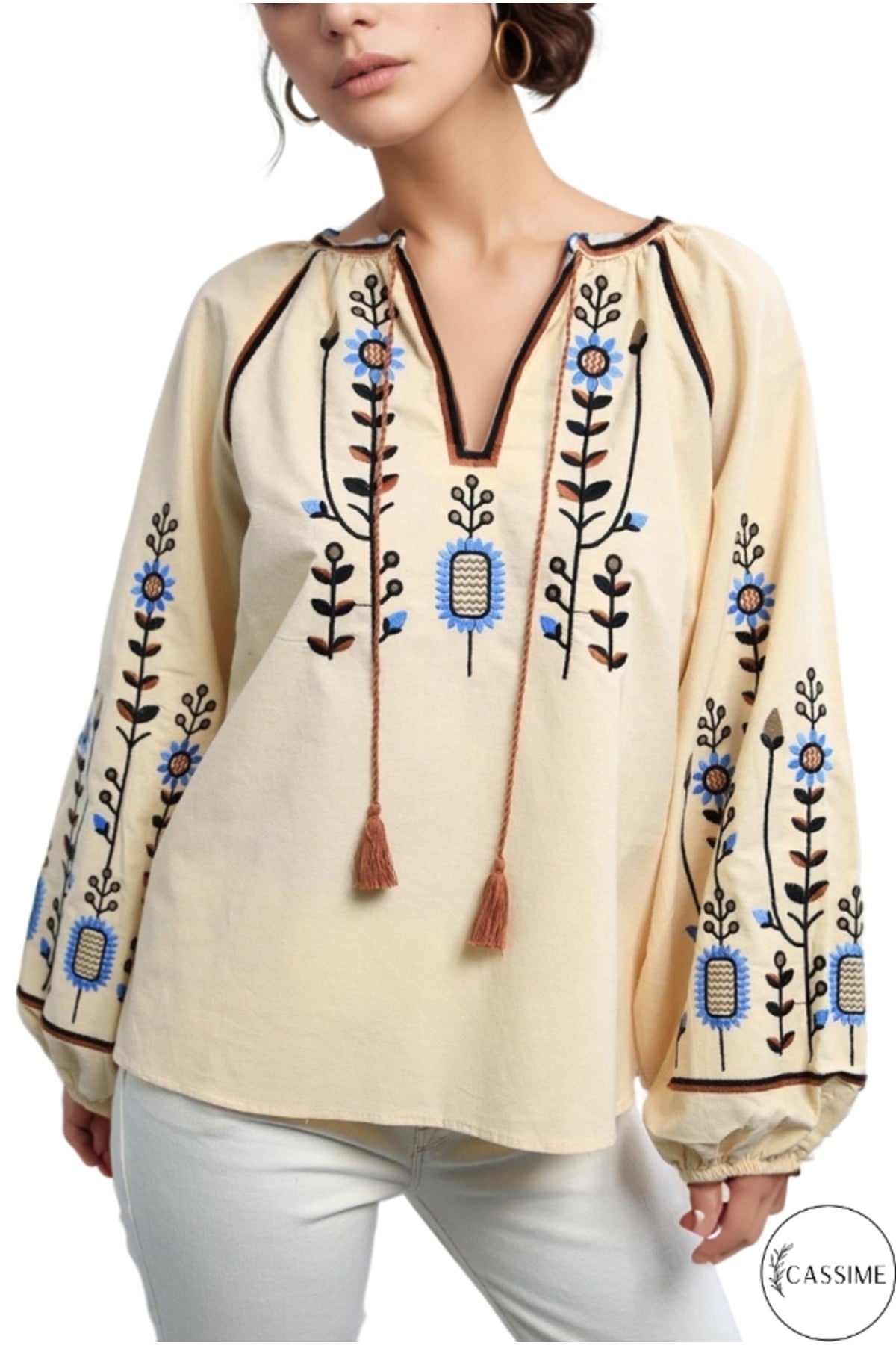Frances Women's Cotton Embroidered Long Sleeve Blouse - Cream