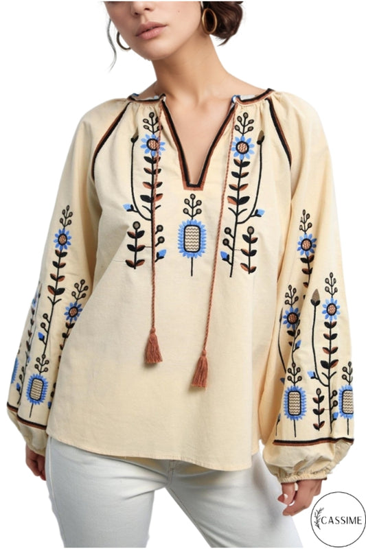 Frances Women's Cotton Embroidered Long Sleeve Blouse - Cream