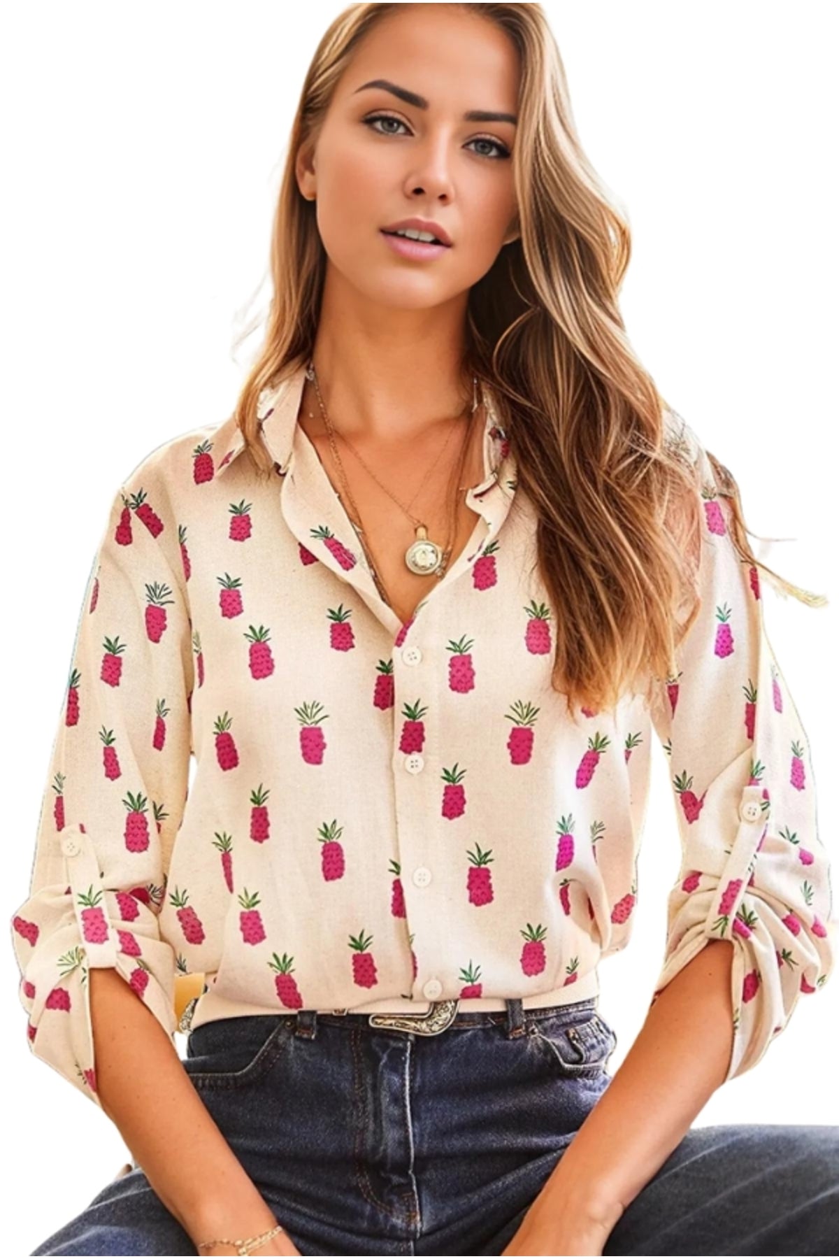 Gabrielle Women's Linen Blend Pineapple Print Roll-Sleeve Shirt - Fuchsia Pineapple