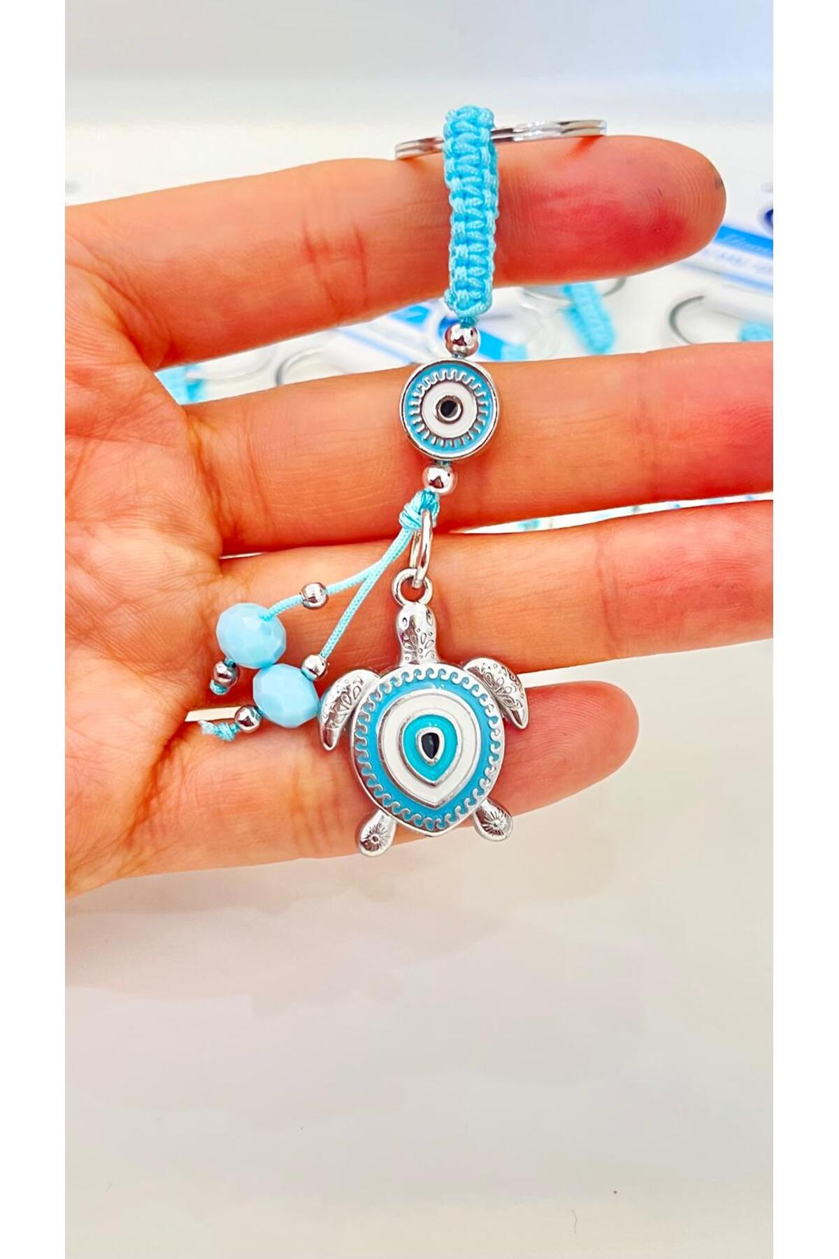 Abigail Silver-Plated Evil Eye Keychain - Light Blue Turtle