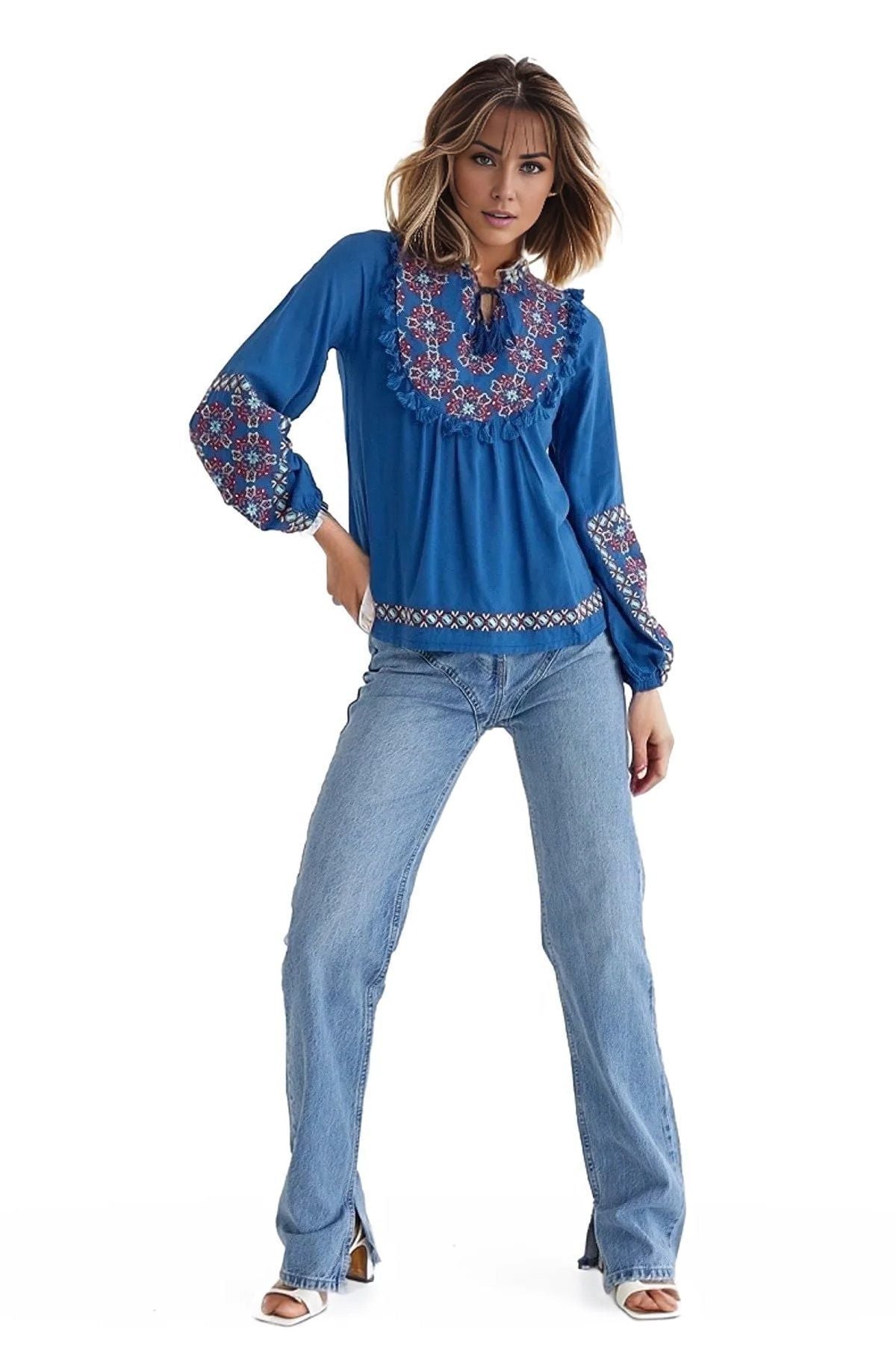 Arabella Women's Boho Embroidered Blouse - Blue