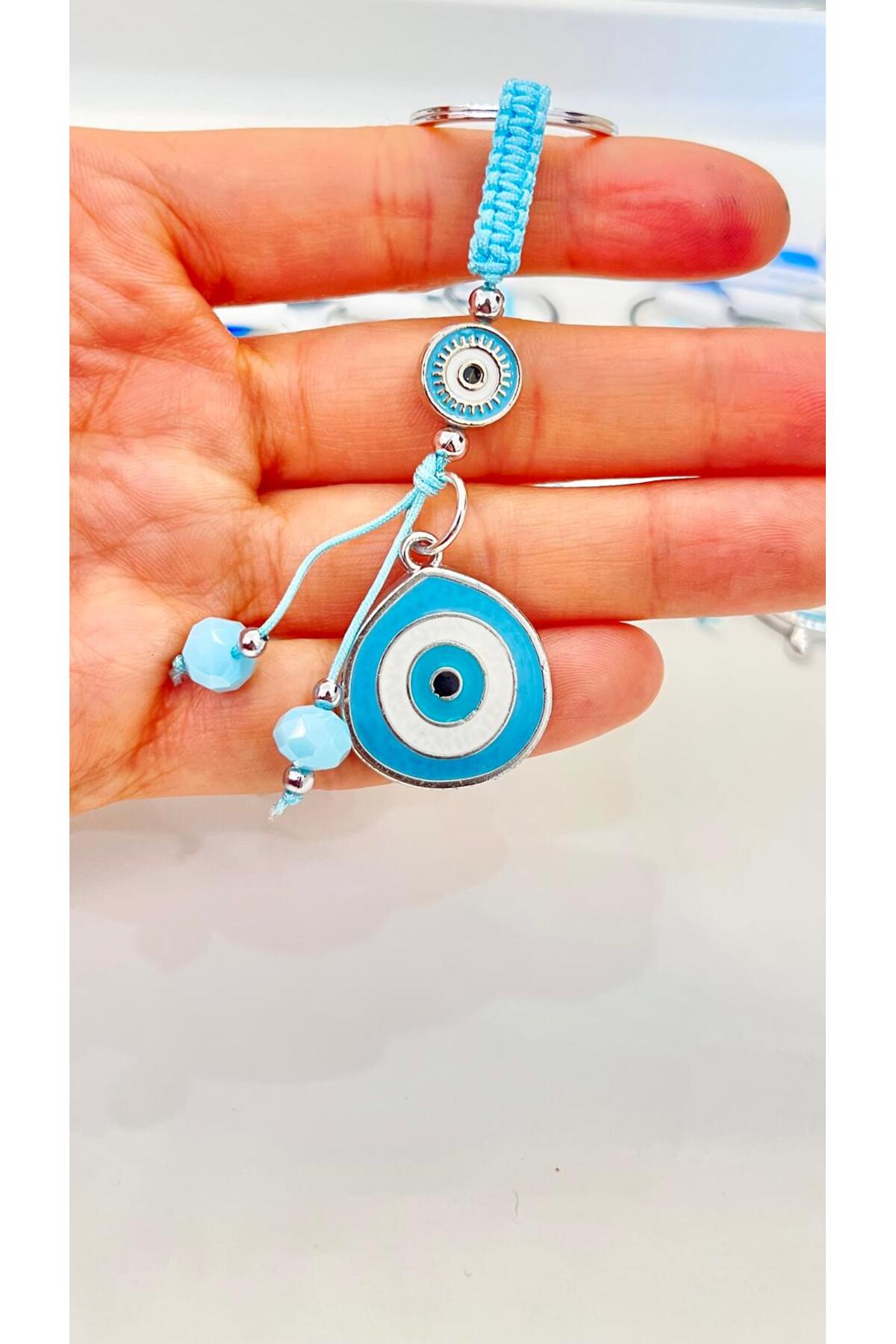 Abigail Silver-Plated Evil Eye Keychain - Light Blue Teardrop