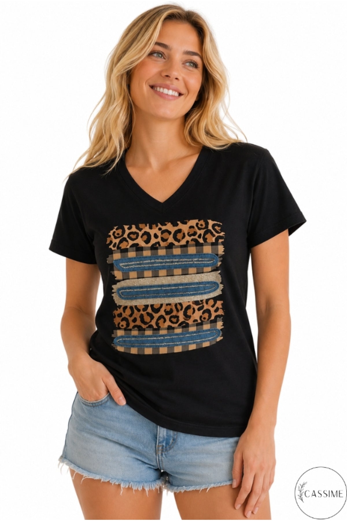 Olivia Women's Cotton Plus Size Embellished V-Neck T-Shirt - Black Leopard Print