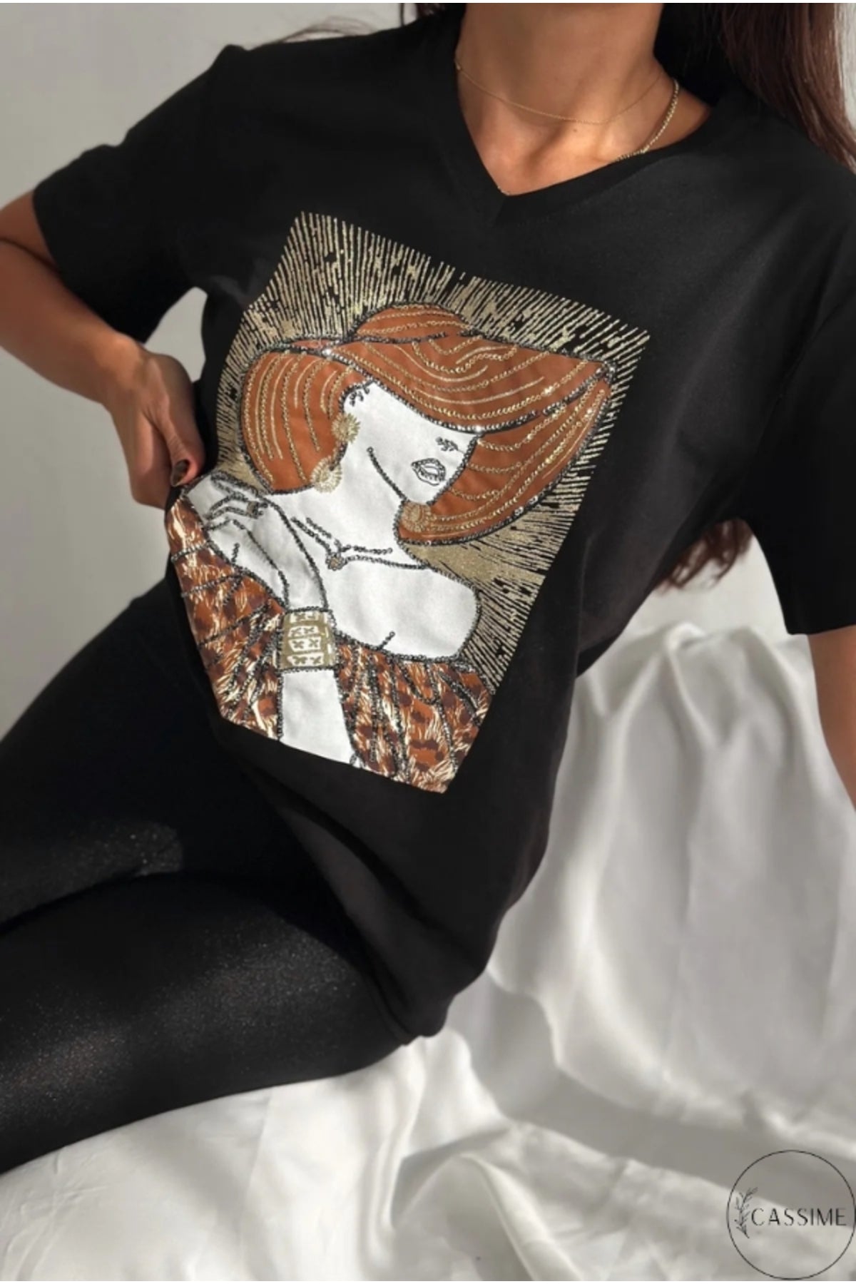Olivia Women's Cotton Plus Size Embellished V-Neck T-Shirt - Black with Woman in Hat Sequins