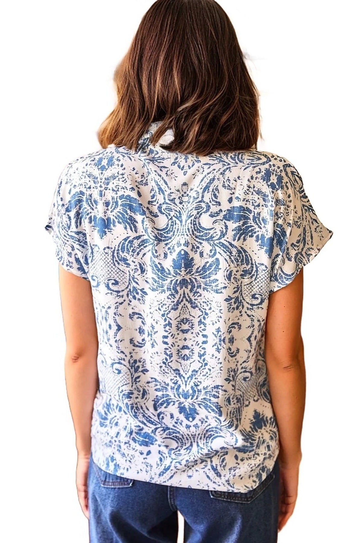 Charlotte Women's Viscose Short Sleeve Batwing Shirt - Blue Boho Floral