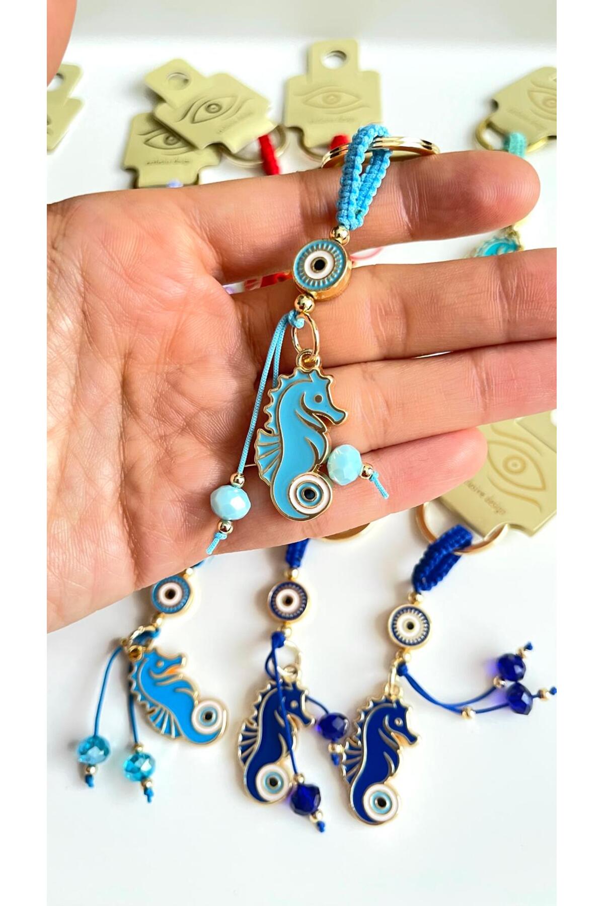 Ivy Gold-Plated Evil Eye Keychain - Light Blue Seahorse
