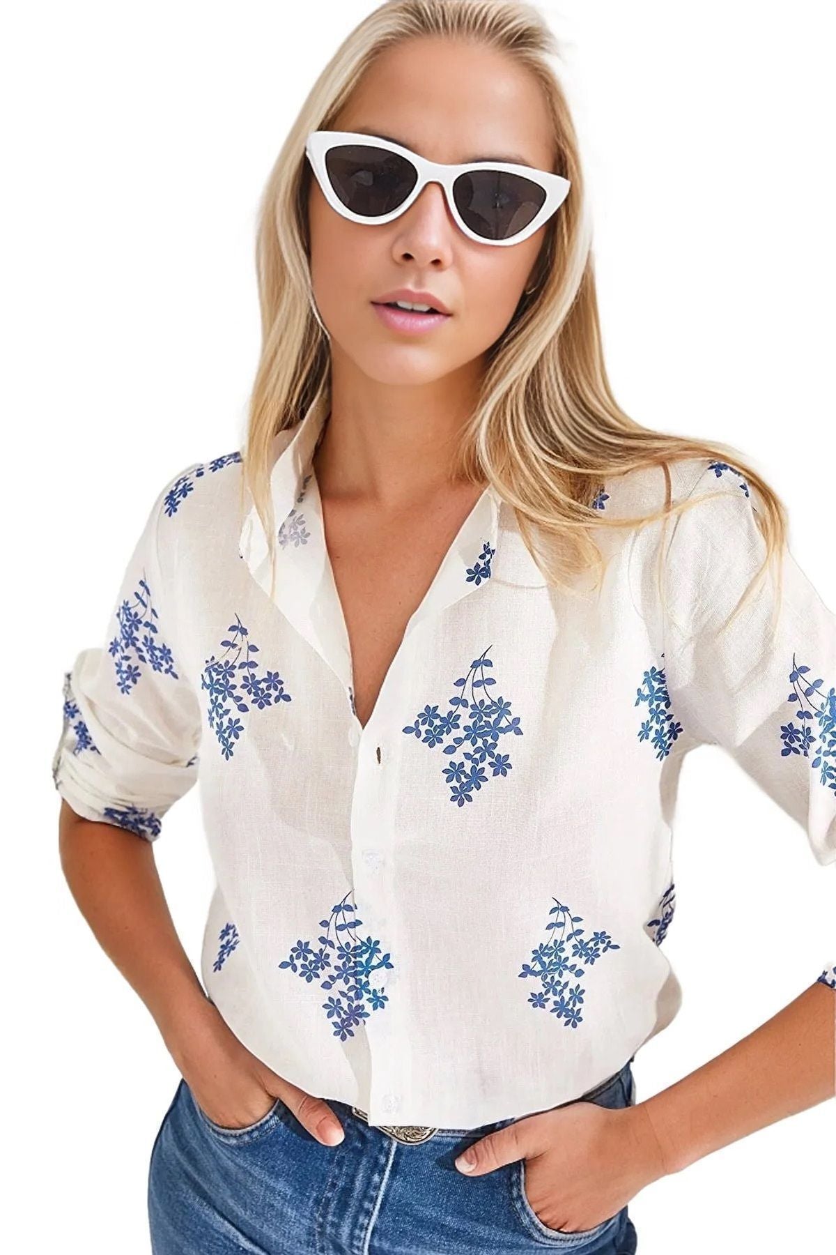 Robyn Women's Cotton Blend Roll-Sleeve Button-Up Shirt - Navy Floral
