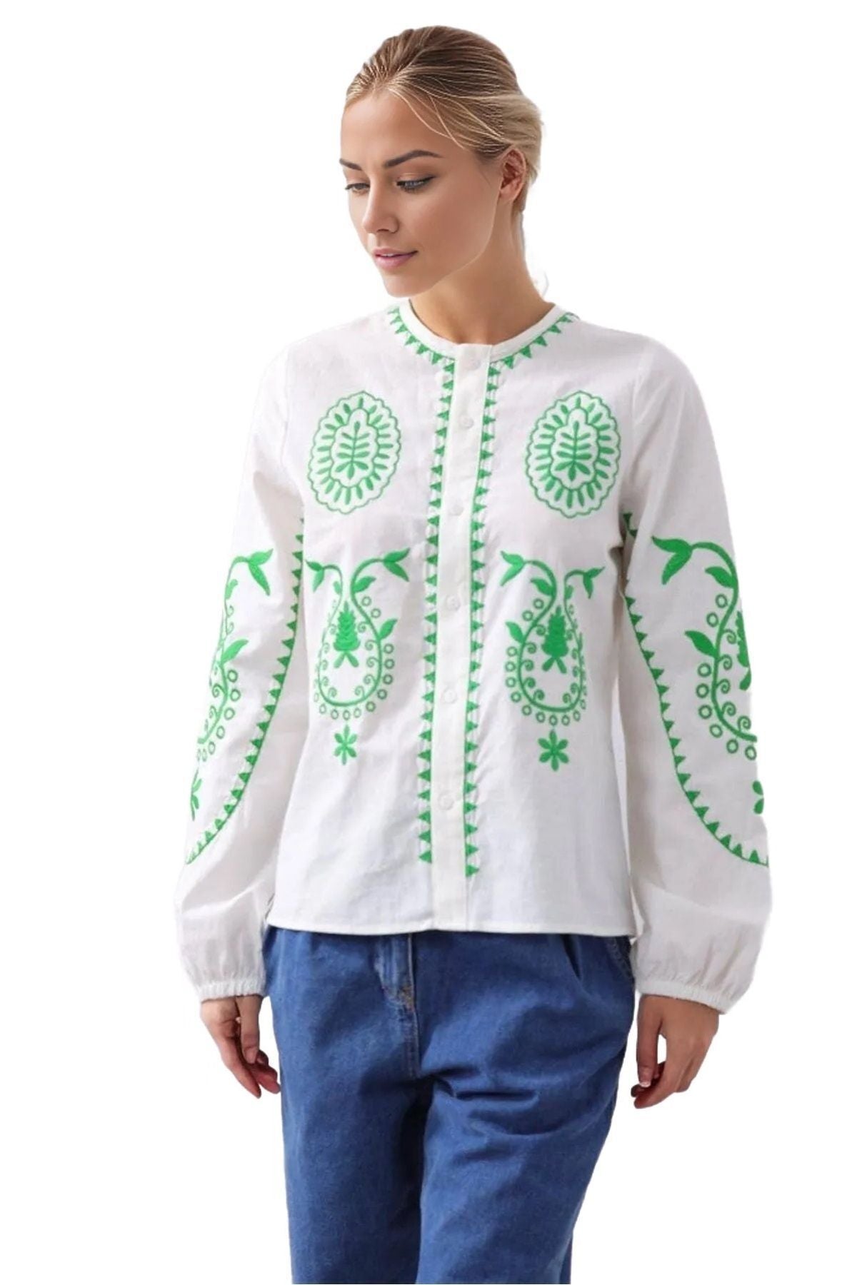 Nina Women's Cotton Embroidered Button-Up Shirt Jacket - White with Green Embroidery