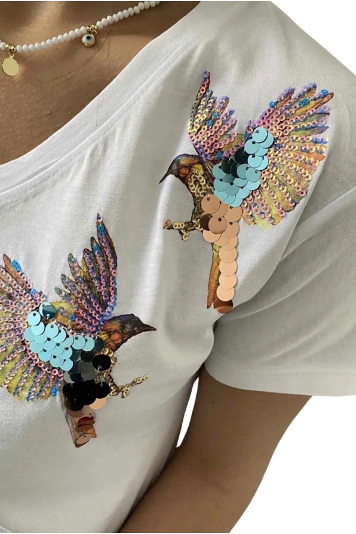 Olivia Women's Cotton Plus Size Embellished V-Neck T-Shirt - White with Bird Embroidery